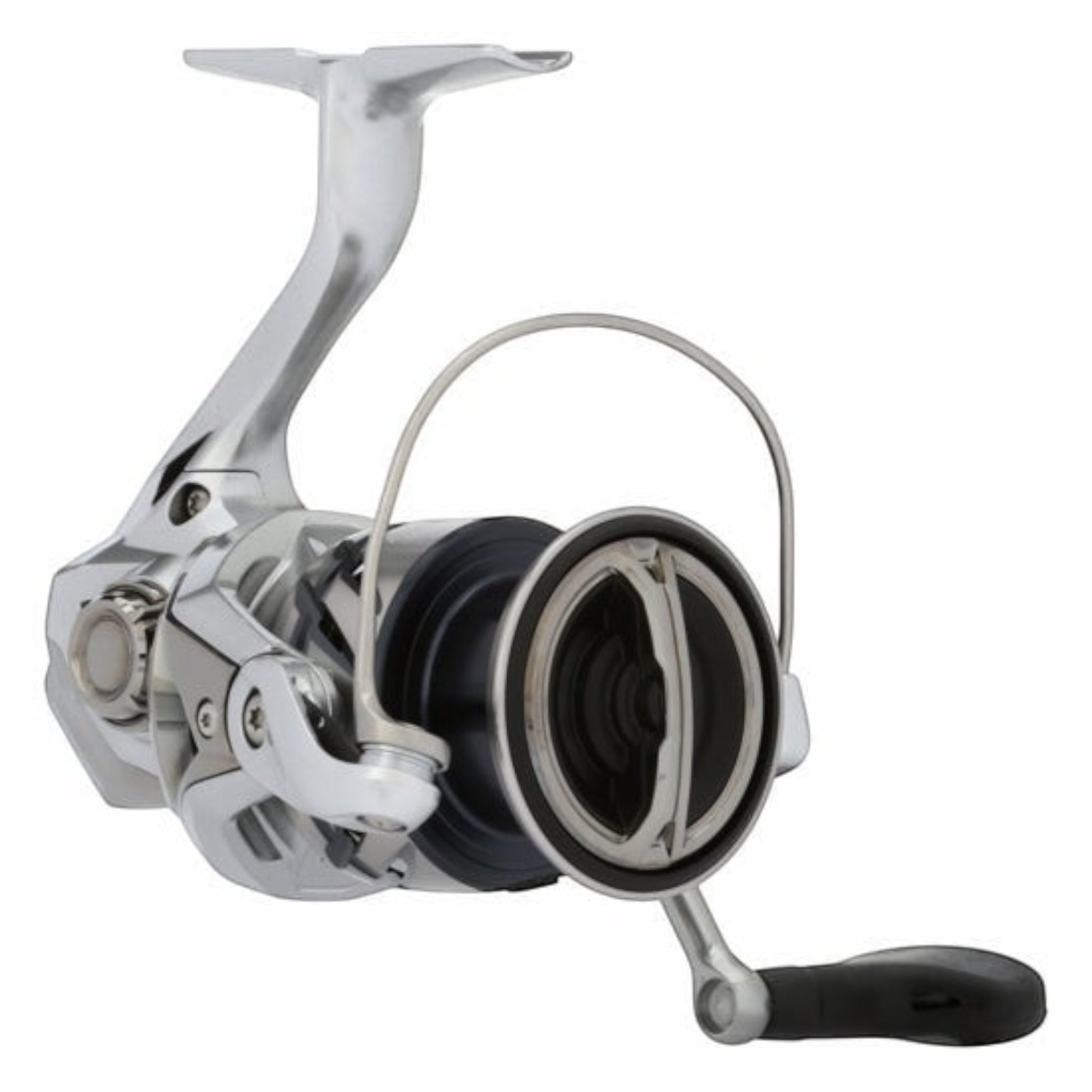 Dogfish Tackle & Marine Shimano Stradic FM spinning reel, silver and black, with a machined aluminum handle and cold-forged aluminum spool.