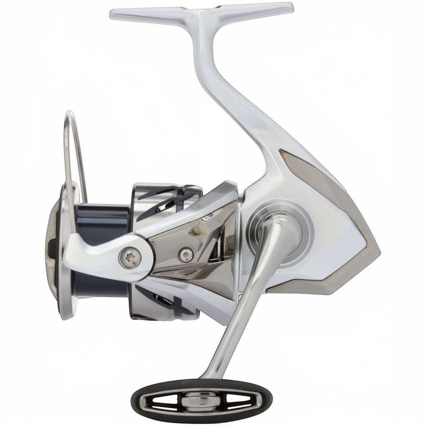 Dogfish Tackle & Marine Shimano Stradic FM spinning reel, silver and black, with a machined aluminum handle and cold-forged spool.