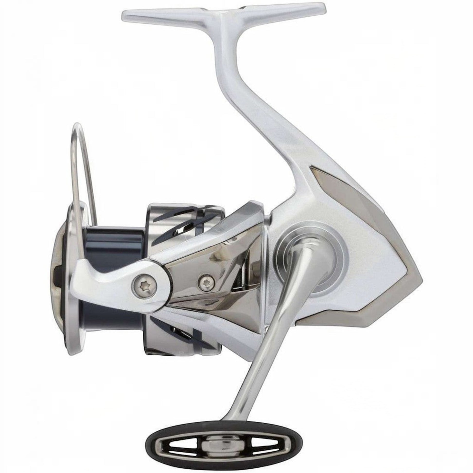 Dogfish Tackle & Marine Shimano Stradic FM spinning reel, silver and black, with a machined aluminum handle and cold-forged spool.