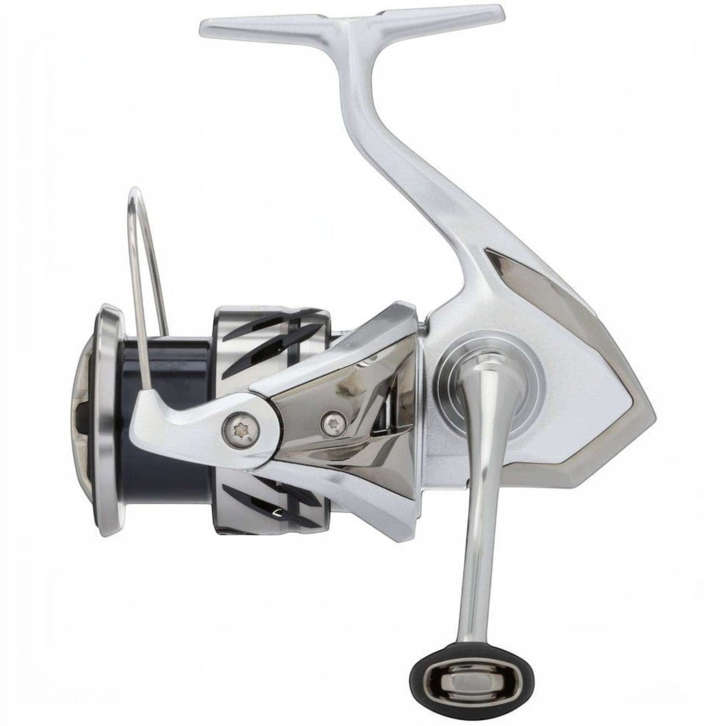 Dogfish Tackle & Marine Shimano Stradic FM spinning reel, silver and black with a machined aluminum handle.