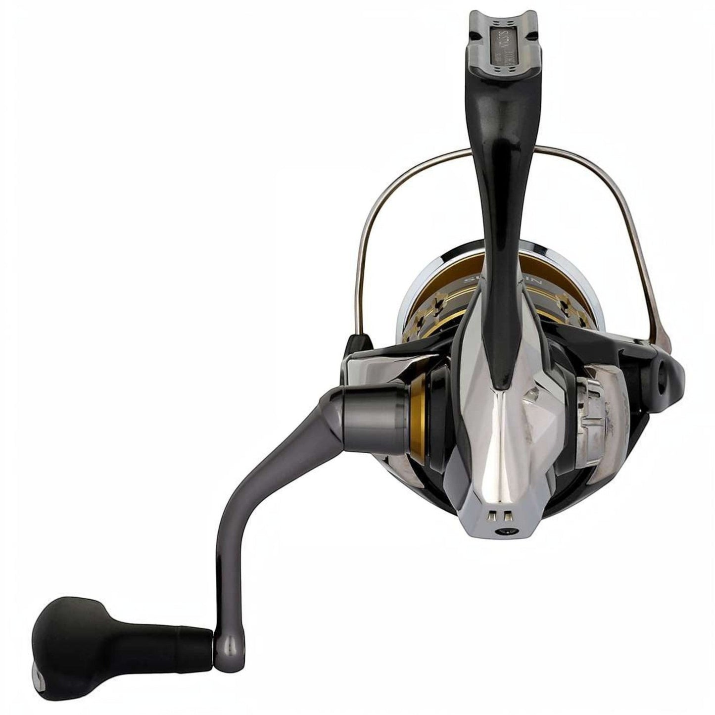 Dogfish Tackle & Marine Shimano Sustain FK spinning reel with black handle and silver body. Features MGL Rotor and Infinity Drive.