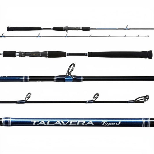 Dogfish Tackle & Marine Shimano Talavera Type J jigging rod with black EVA split grip and blue accents.