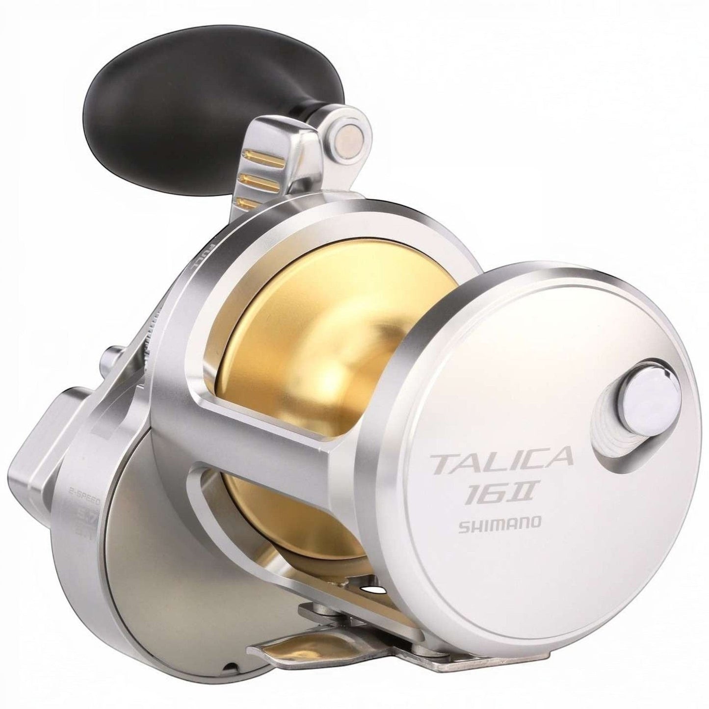 Dogfish Tackle & Marine Shimano Talica 16II A 2-Speed Lever Drag Conventional Fishing Reel, silver and gold.