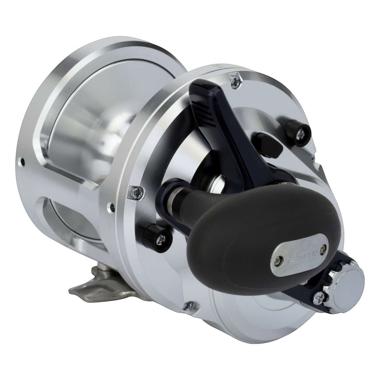 Dogfish Tackle & Marine Shimano Talica 20BFC silver lever drag fishing reel with black handle and dark blue accents.
