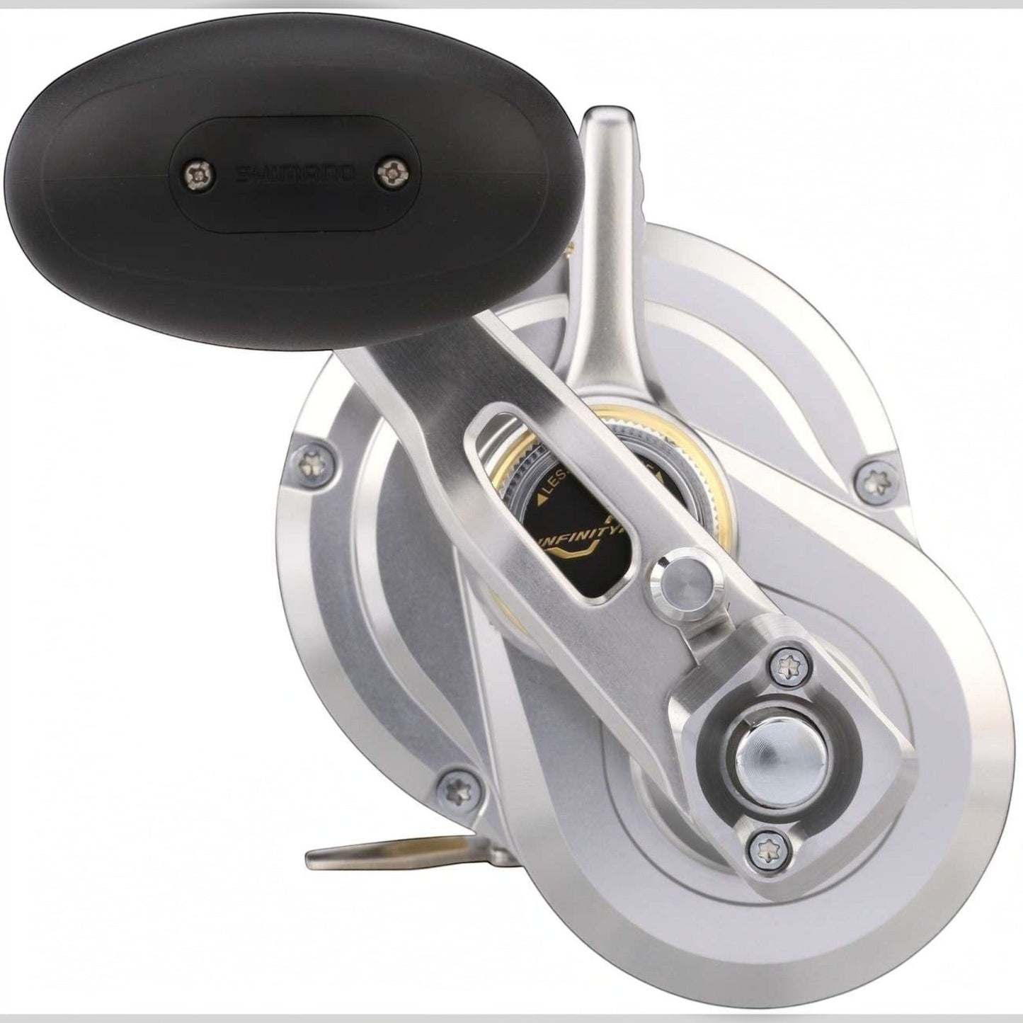 Dogfish Tackle & Marine Shimano Talica A 2 Speed Lever Drag Reel, silver aluminum body, black handle knob, for offshore fishing.