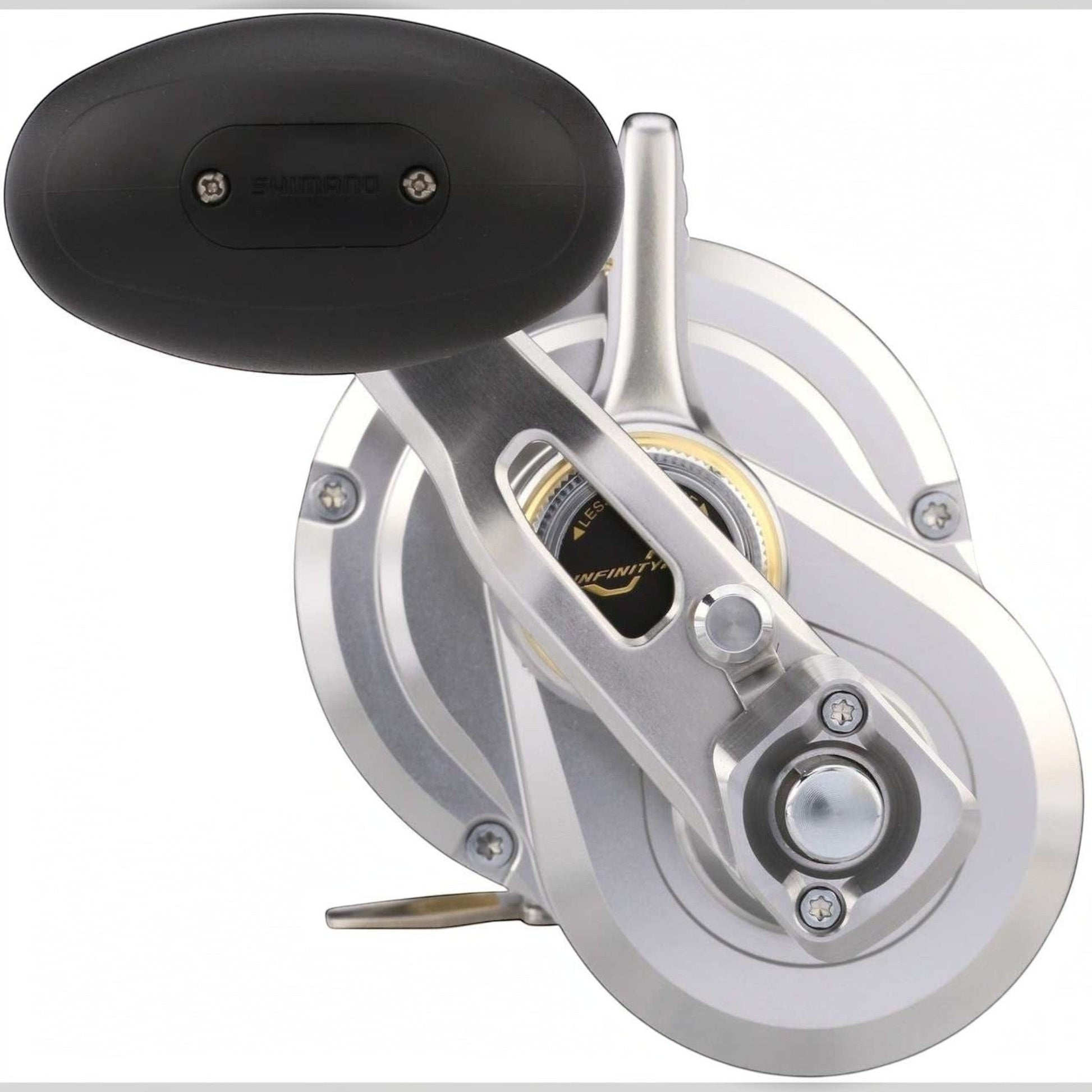 Dogfish Tackle & Marine Shimano Talica A 2 Speed Lever Drag Reel, silver aluminum body, black handle knob, for offshore fishing.