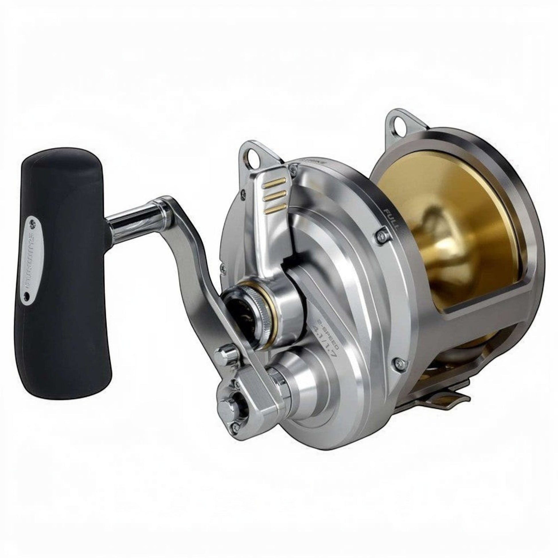 Dogfish Tackle & Marine Shimano Talica A 2-Speed Lever Drag Reel, silver and gold, for offshore fishing.