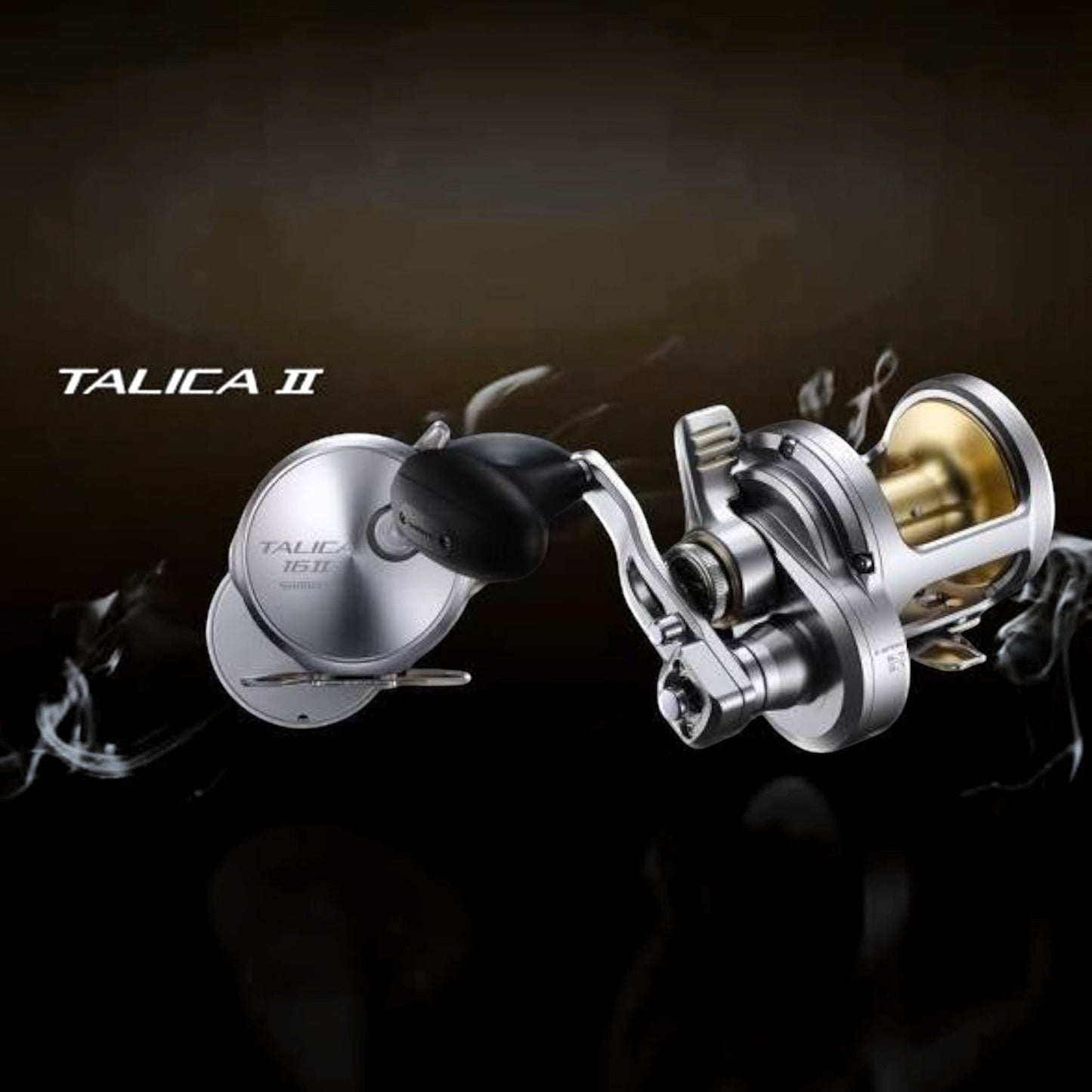 Dogfish Tackle & Marine Shimano Talica A 2-Speed Lever Drag Reel, silver aluminum body, gold spool interior, for offshore fishing.