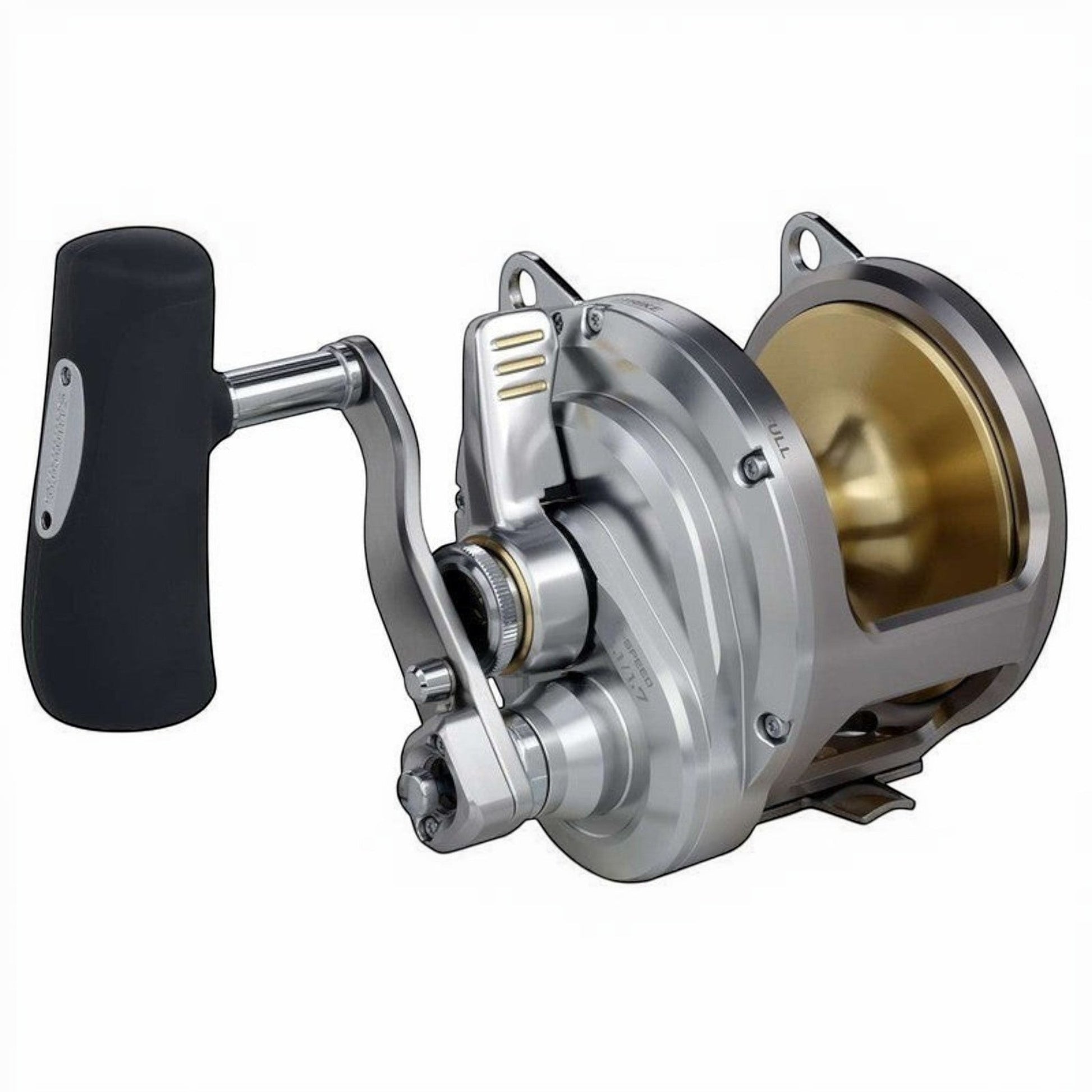 Dogfish Tackle & Marine Shimano Talica A 2-Speed Lever Drag Conventional Fishing Reel. Silver aluminum body with gold spool.
