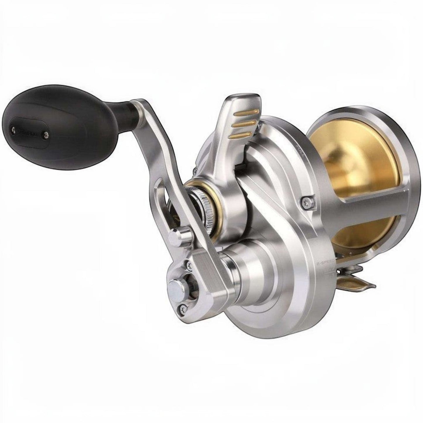 Dogfish Tackle & Marine Shimano Talica A 2-speed lever drag fishing reel, silver and gold, for offshore big game fishing.