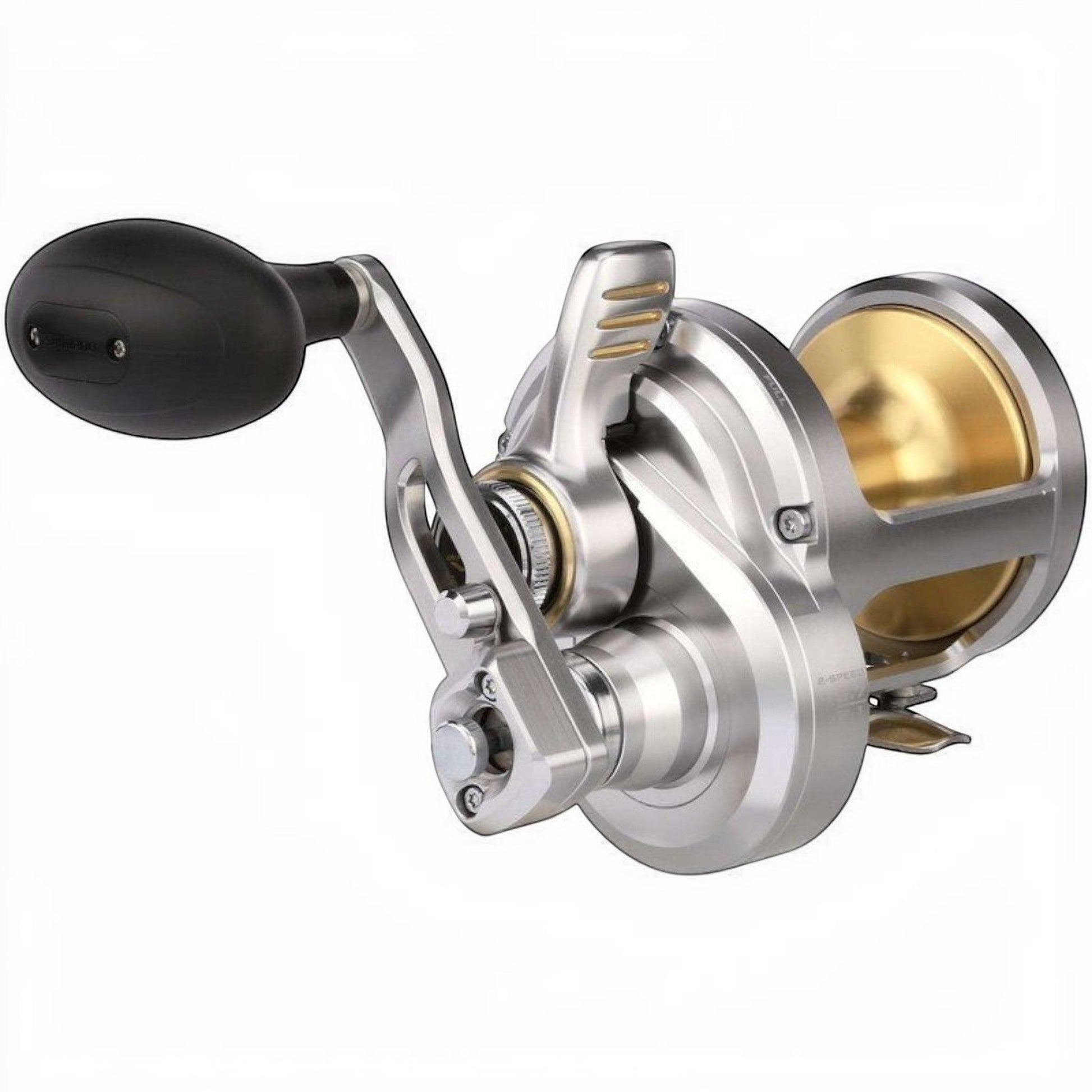 Dogfish Tackle & Marine Shimano Talica A 2-speed lever drag fishing reel, silver and gold, for offshore big game fishing.