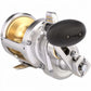 Dogfish Tackle & Marine Shimano Talica A 2-Speed Lever Drag Reel, silver aluminum body, gold spool, black handle.