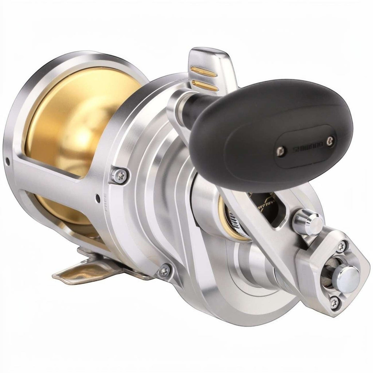 Dogfish Tackle & Marine Shimano Talica A 2-Speed Lever Drag Reel, silver aluminum body, gold spool, black handle.