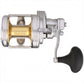 Dogfish Tackle & Marine Shimano Talica A 2-Speed Lever Drag Reel, silver aluminum body with gold spool and black handle.