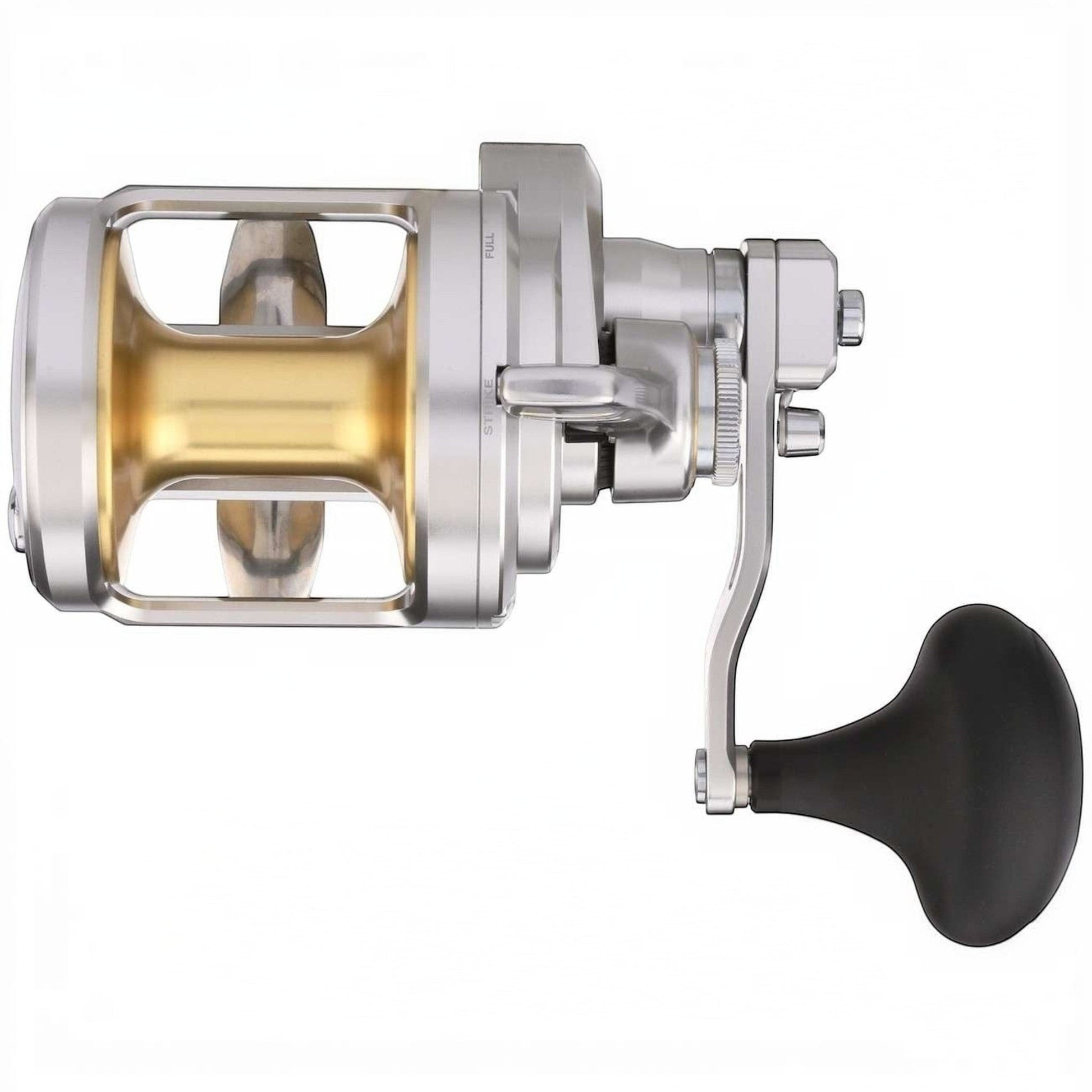 Dogfish Tackle & Marine Shimano Talica A 2-Speed Lever Drag Reel, silver aluminum body with gold spool and black handle.