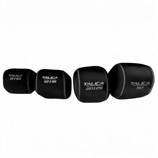 Dogfish Tackle & Marine Shimano Talica neoprene reel covers in black, featuring silver Talica logos and model numbers.