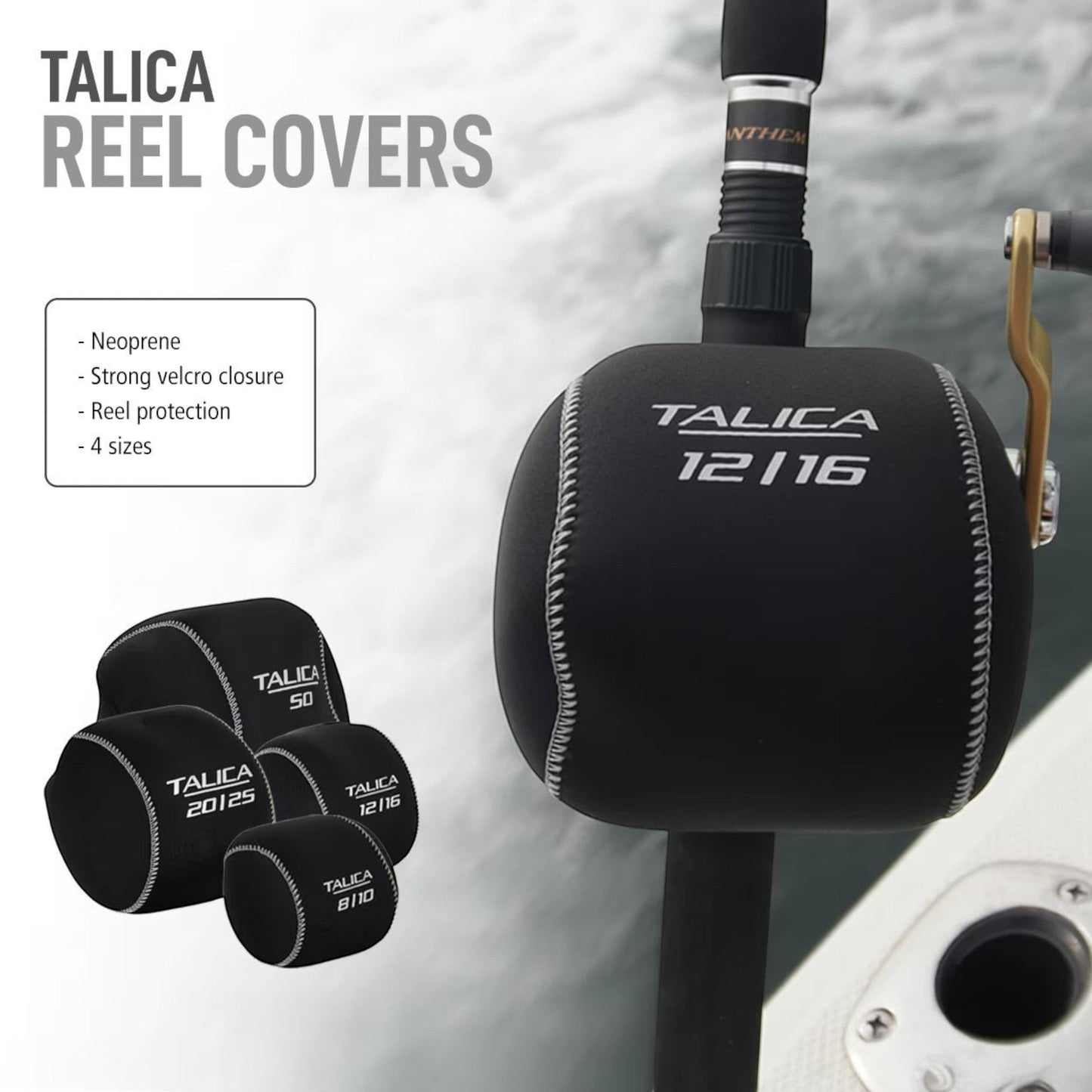 Dogfish Tackle & Marine black neoprene reel covers for Shimano Talica reels, featuring velcro closure and available in 4 sizes.