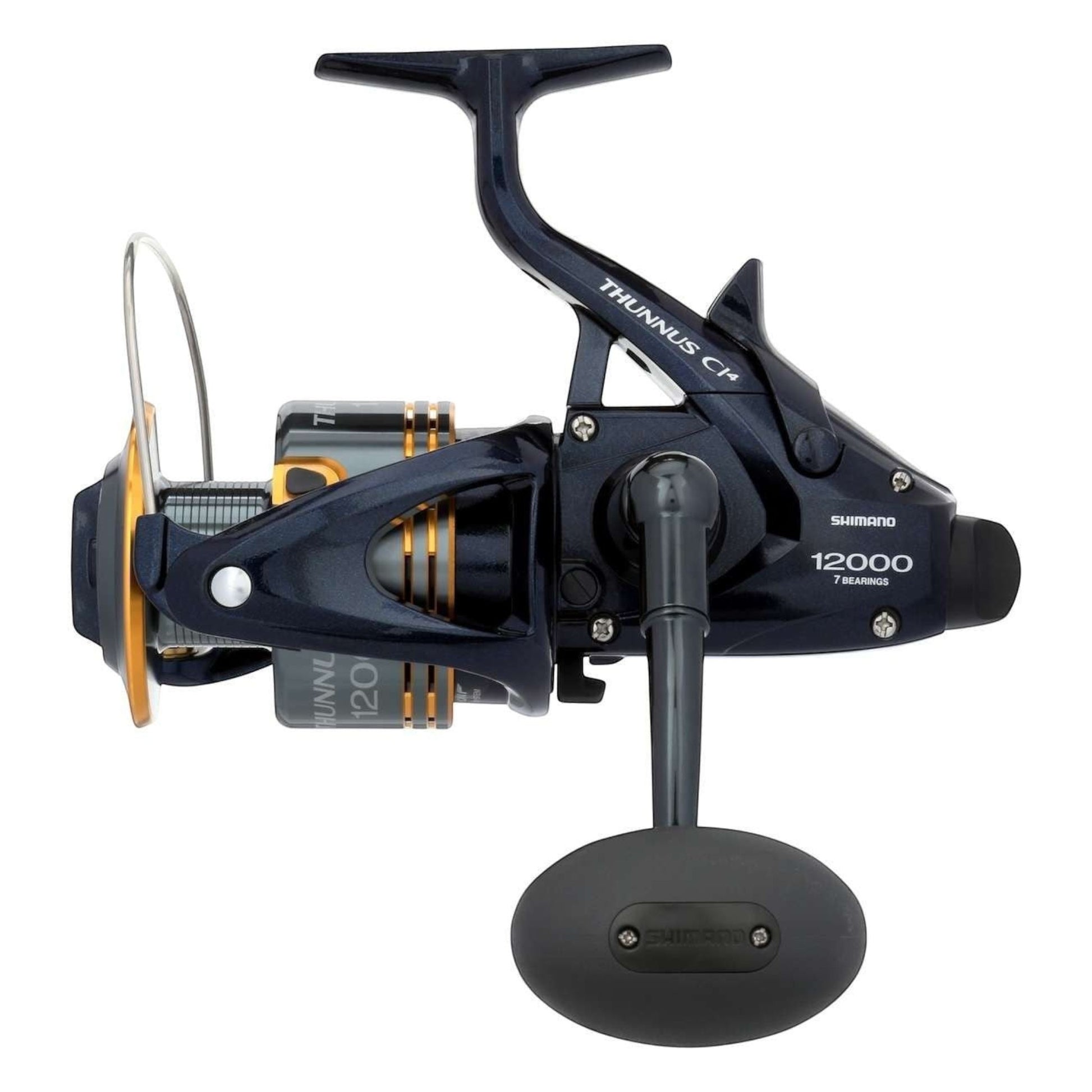 Dogfish Tackle & Marine Shimano Thunnus CI4 12000 spinning reel in dark blue with gold accents. Features a large handle and spool.