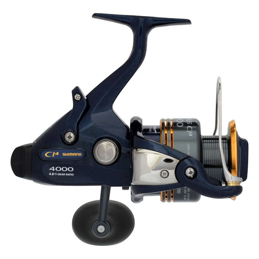 Dogfish Tackle & Marine Shimano Thunnus CI4 4000 spinning reel, dark blue with gold accents, 4.8:1 gear ratio.