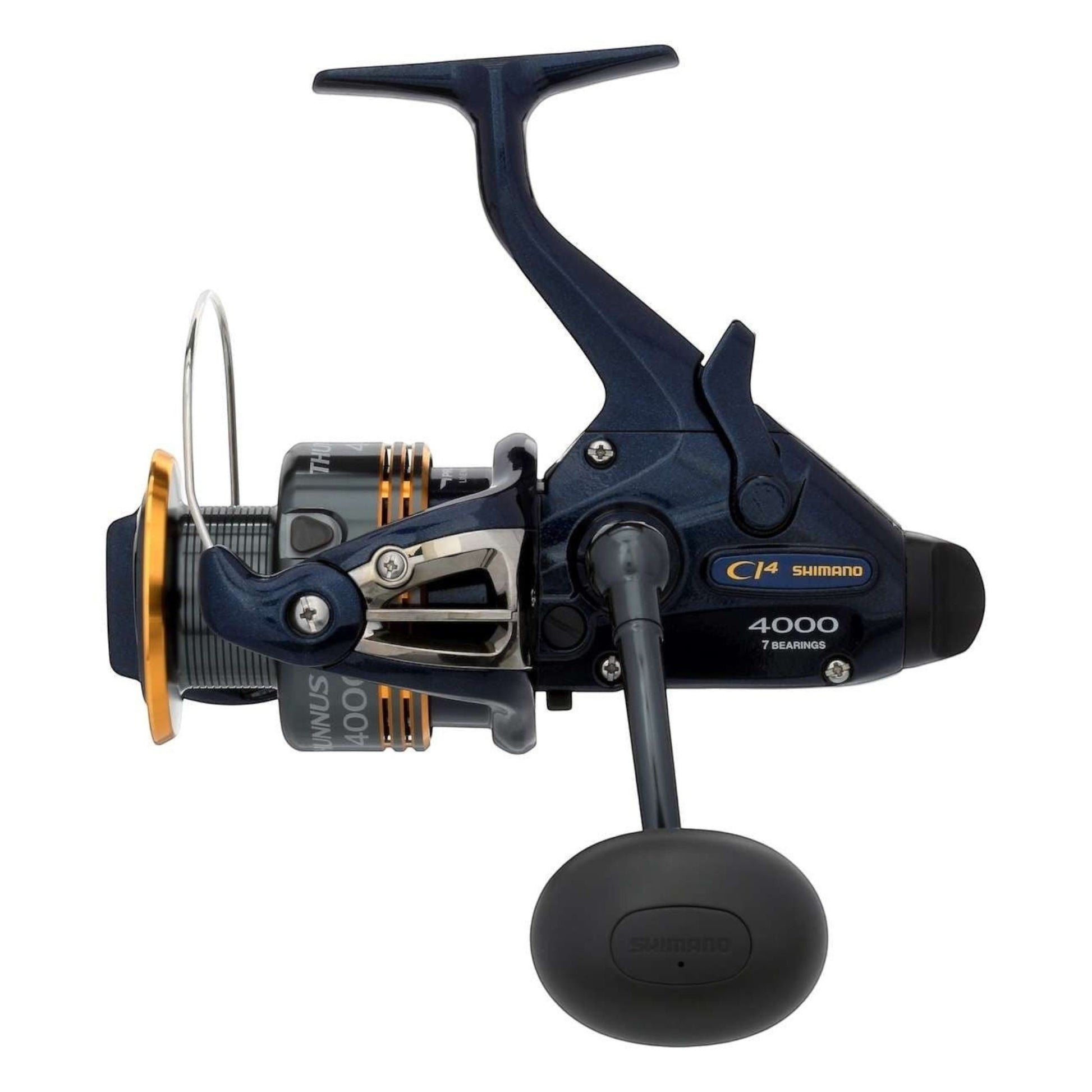 Dogfish Tackle & Marine Shimano Thunnus CI4 4000 spinning reel in dark blue with gold accents. Lightweight carbon construction.