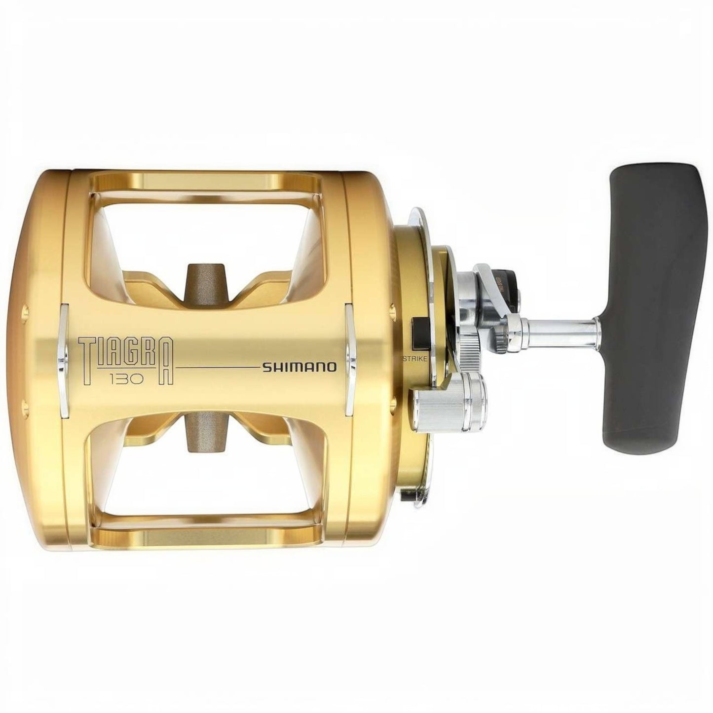 Dogfish Tackle & Marine Shimano Tiagra 130A gold lever drag trolling fishing reel with black handle.