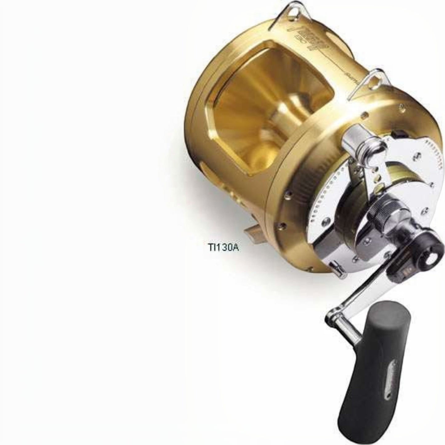 Dogfish Tackle & Marine Shimano Tiagra 130A 2-speed lever drag trolling reel, gold aluminum frame, silver spool, and black handle.