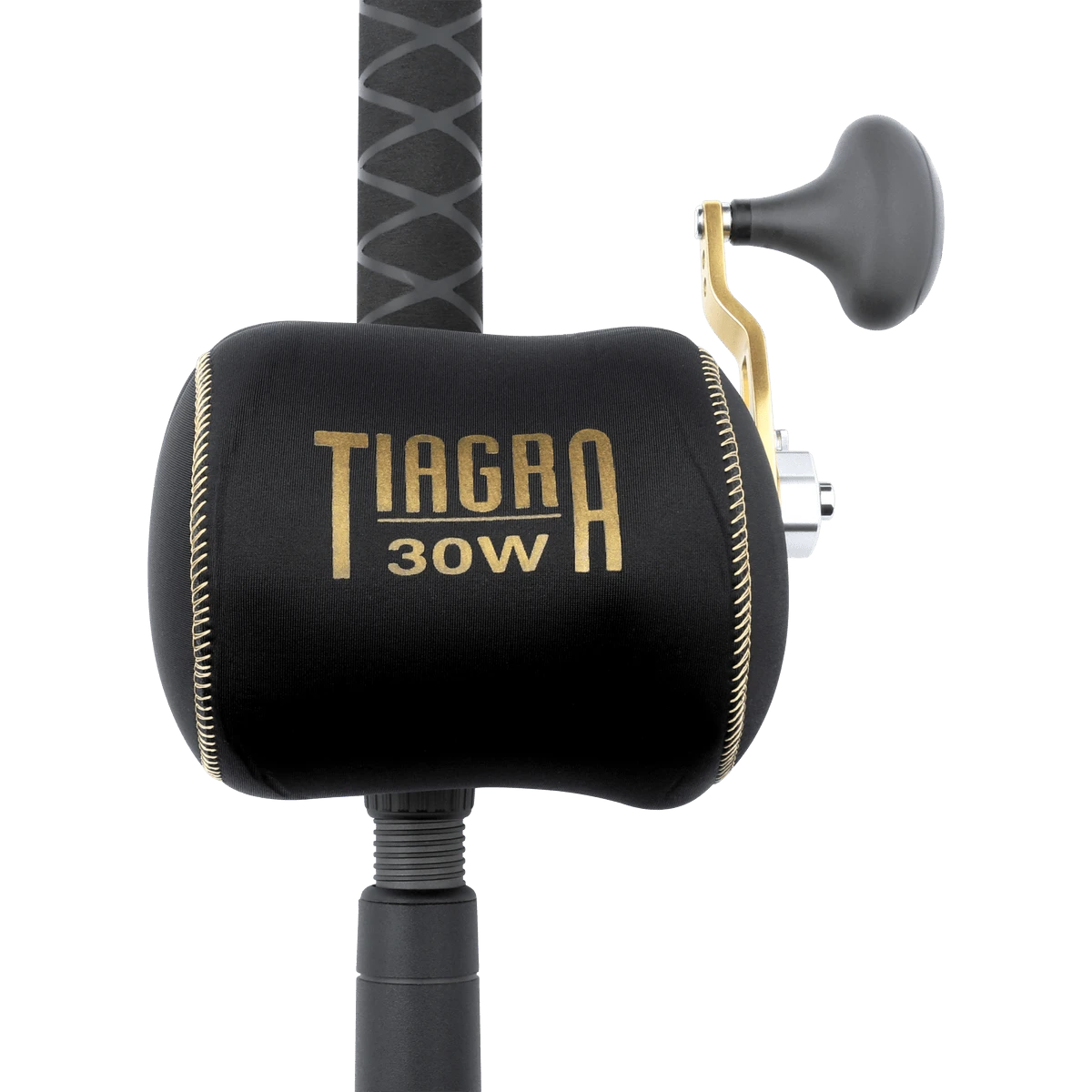 Dogfish Tackle & Marine Shimano Tiagra 30W reel cover, black neoprene with gold logo and stitching.