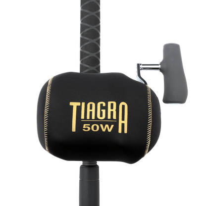 Dogfish Tackle & Marine Shimano Tiagra 50W reel cover made of black neoprene with gold logo and stitching.