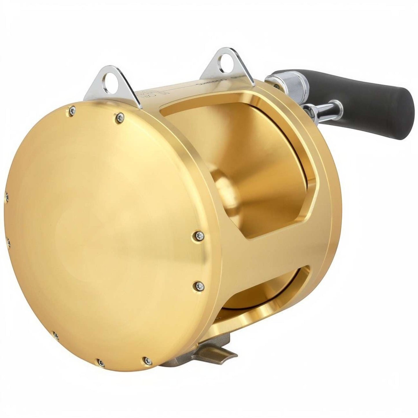 Dogfish Tackle & Marine Shimano Tiagra gold aluminum 2-speed lever drag trolling reel with black handle.