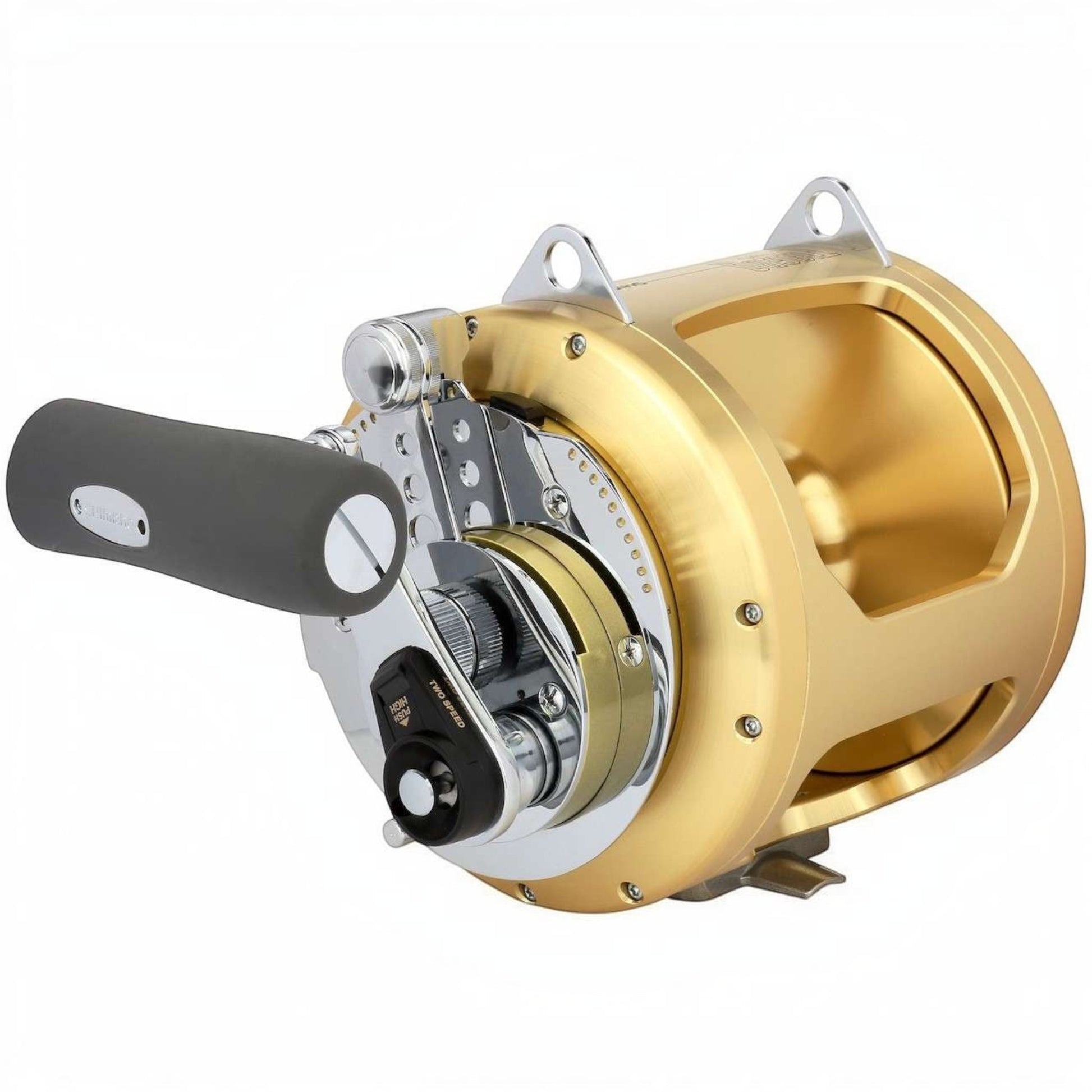 Dogfish Tackle & Marine Shimano Tiagra 2-speed lever drag trolling reel, gold aluminum frame, ergonomic handle, and chrome accents.