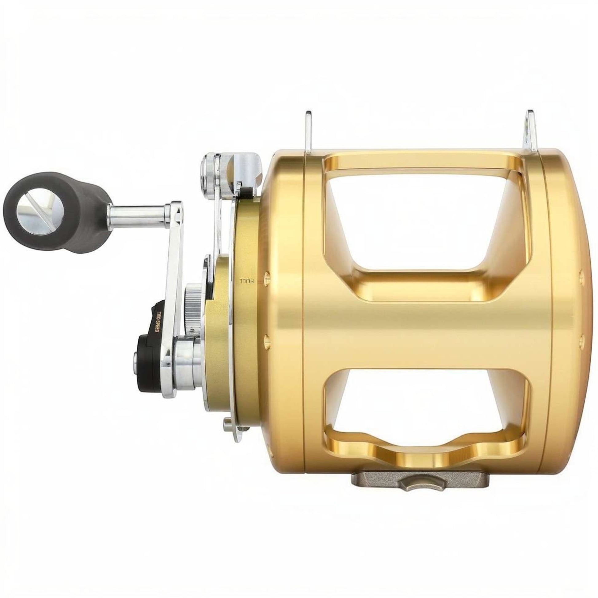 Dogfish Tackle & Marine Shimano Tiagra 2-speed lever drag trolling reel, gold aluminum frame, ergonomic handle, and clicker.