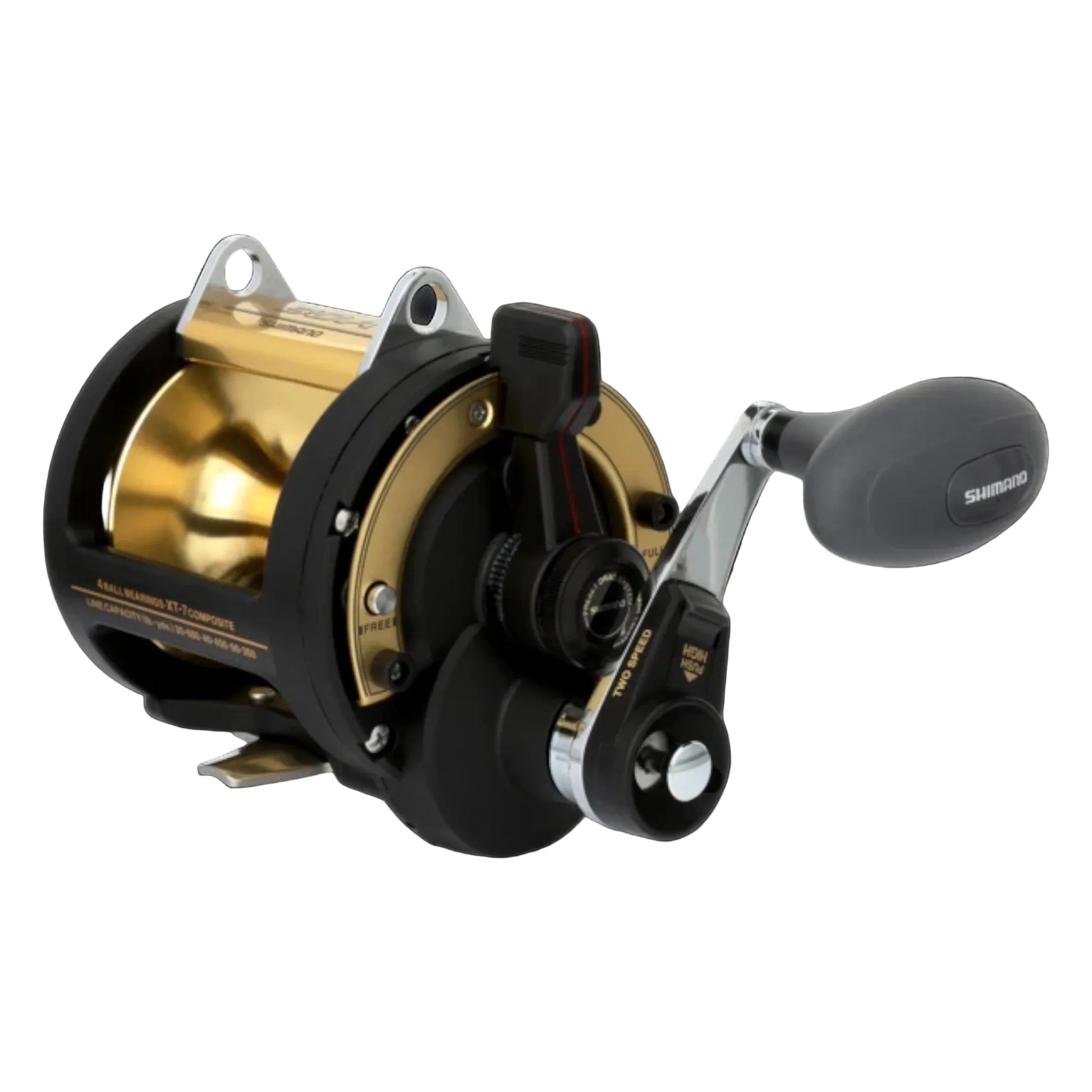 Dogfish Tackle & Marine Shimano TLD 2 Speed Lever Drag Conventional Reel, black and gold, with ergonomic handle.