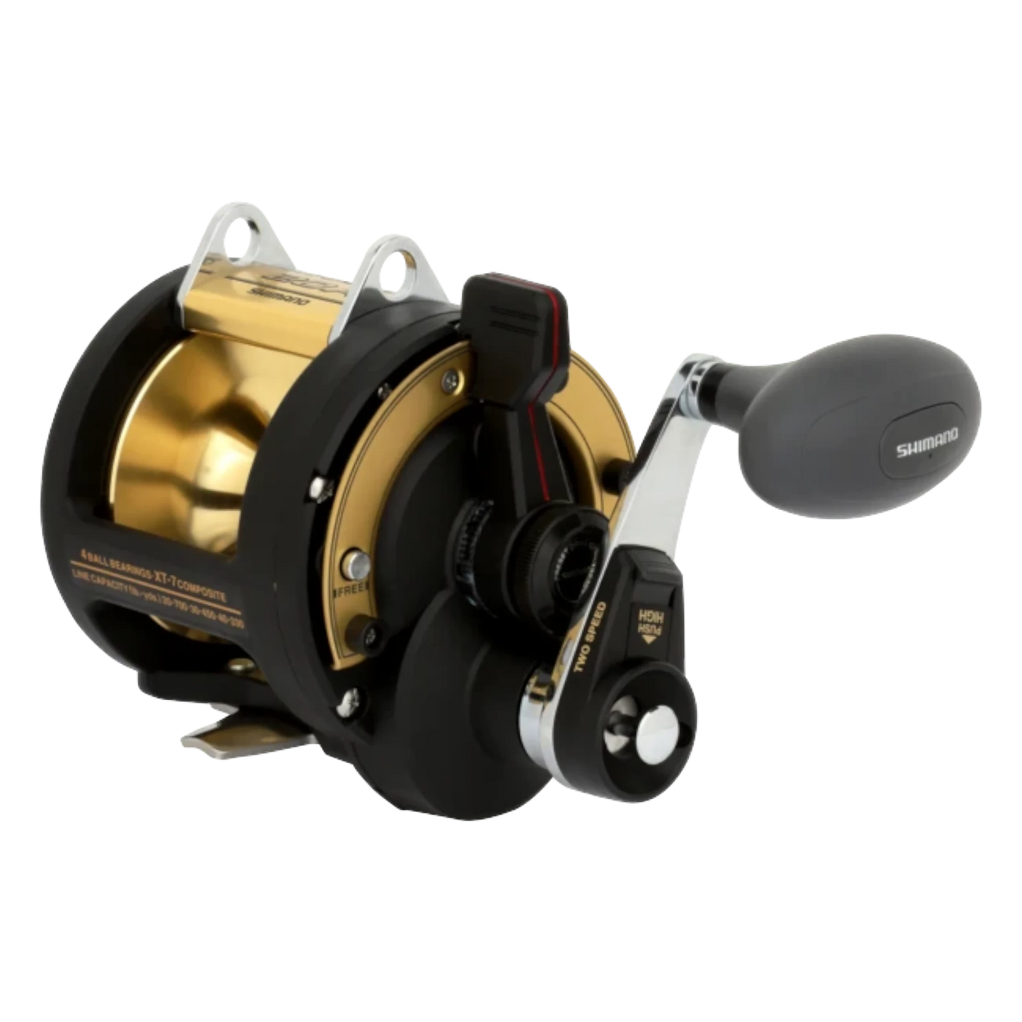 Dogfish Tackle & Marine Shimano TLD 2 Speed Lever Drag Conventional Reel, black and gold, with ergonomic handle and two-speed gearing.