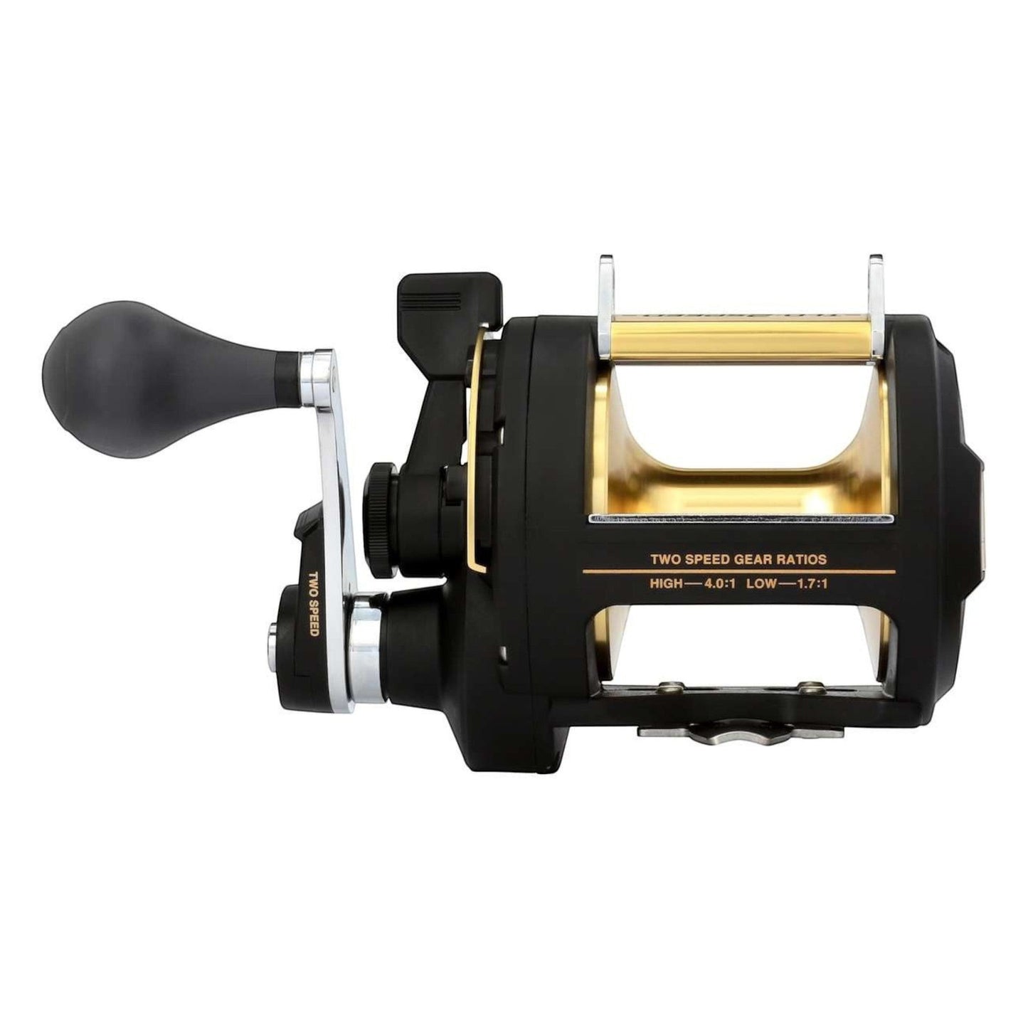 Dogfish Tackle & Marine Shimano TLD 2 Speed Lever Drag Conventional Reel, black with gold spool, two speed gearing.