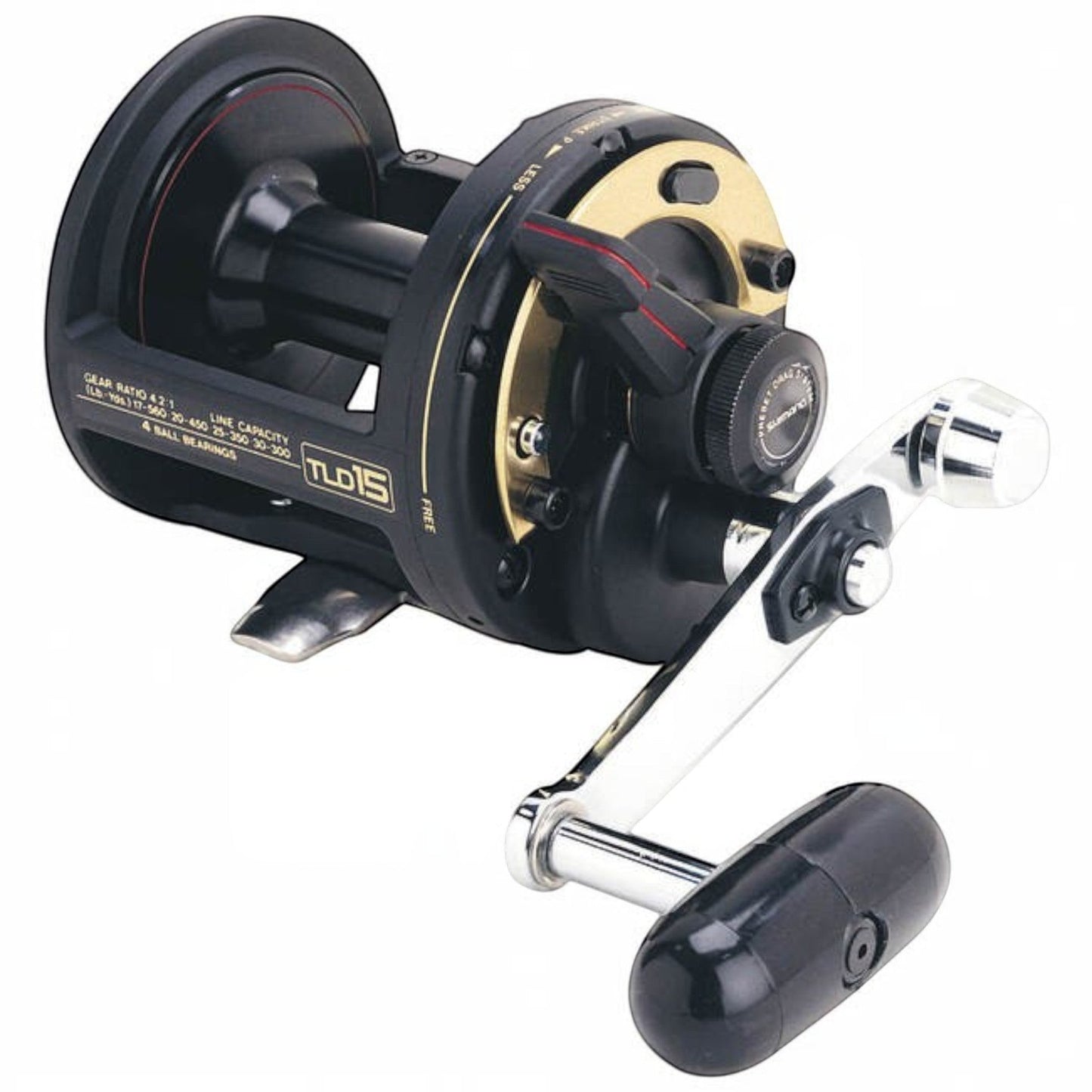 Dogfish Tackle & Marine Shimano TLD15 lever drag conventional fishing reel, black with gold accents and silver handle.