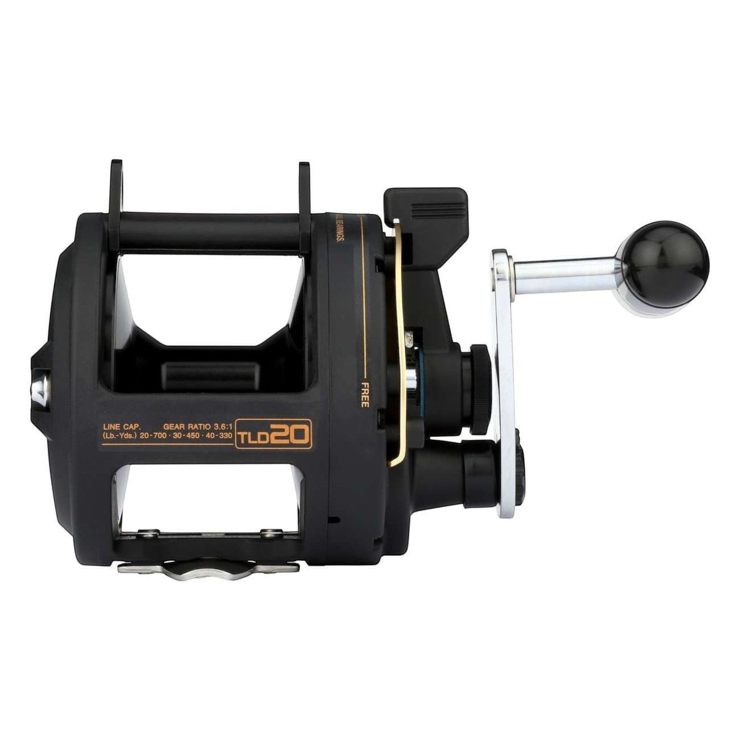 Dogfish Tackle & Marine Shimano TLD20 lever drag conventional fishing reel, black with silver handle and gold accents.