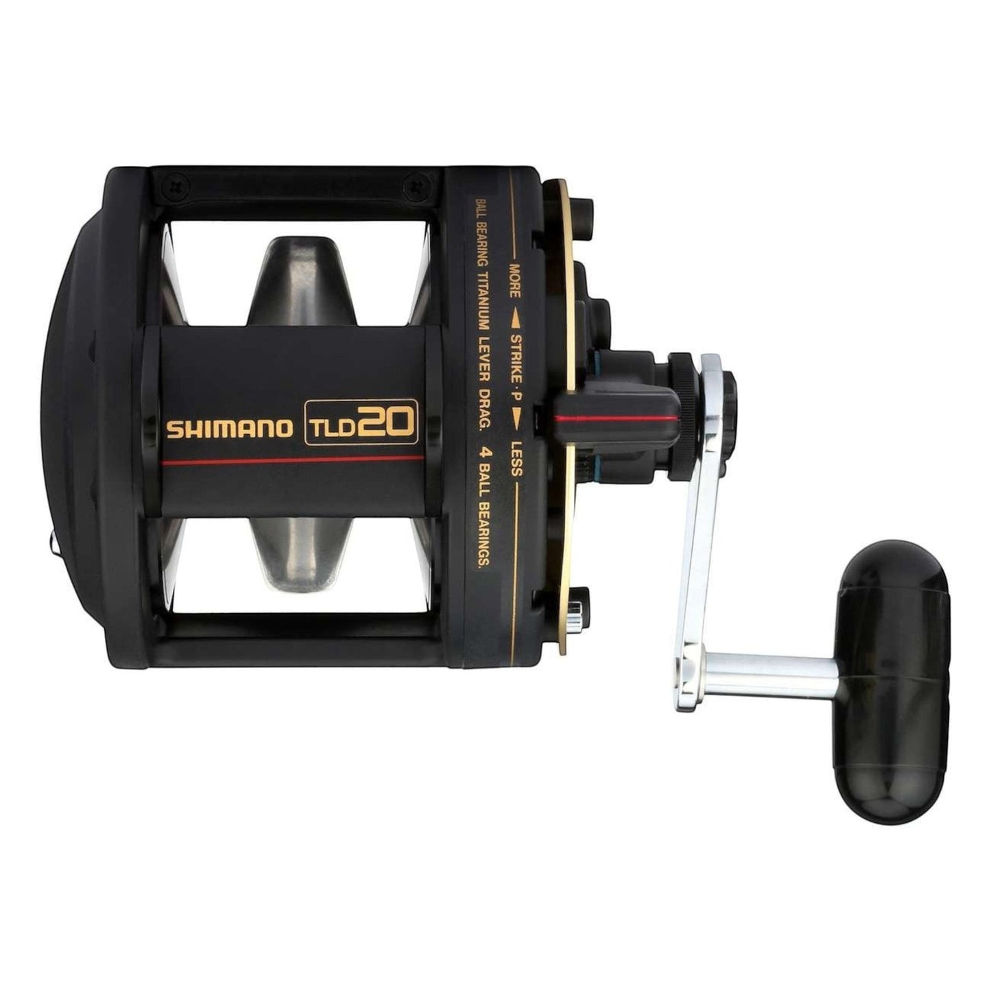 Dogfish Tackle & Marine Shimano TLD20 lever drag conventional fishing reel, black with gold accents, 4 ball bearings.