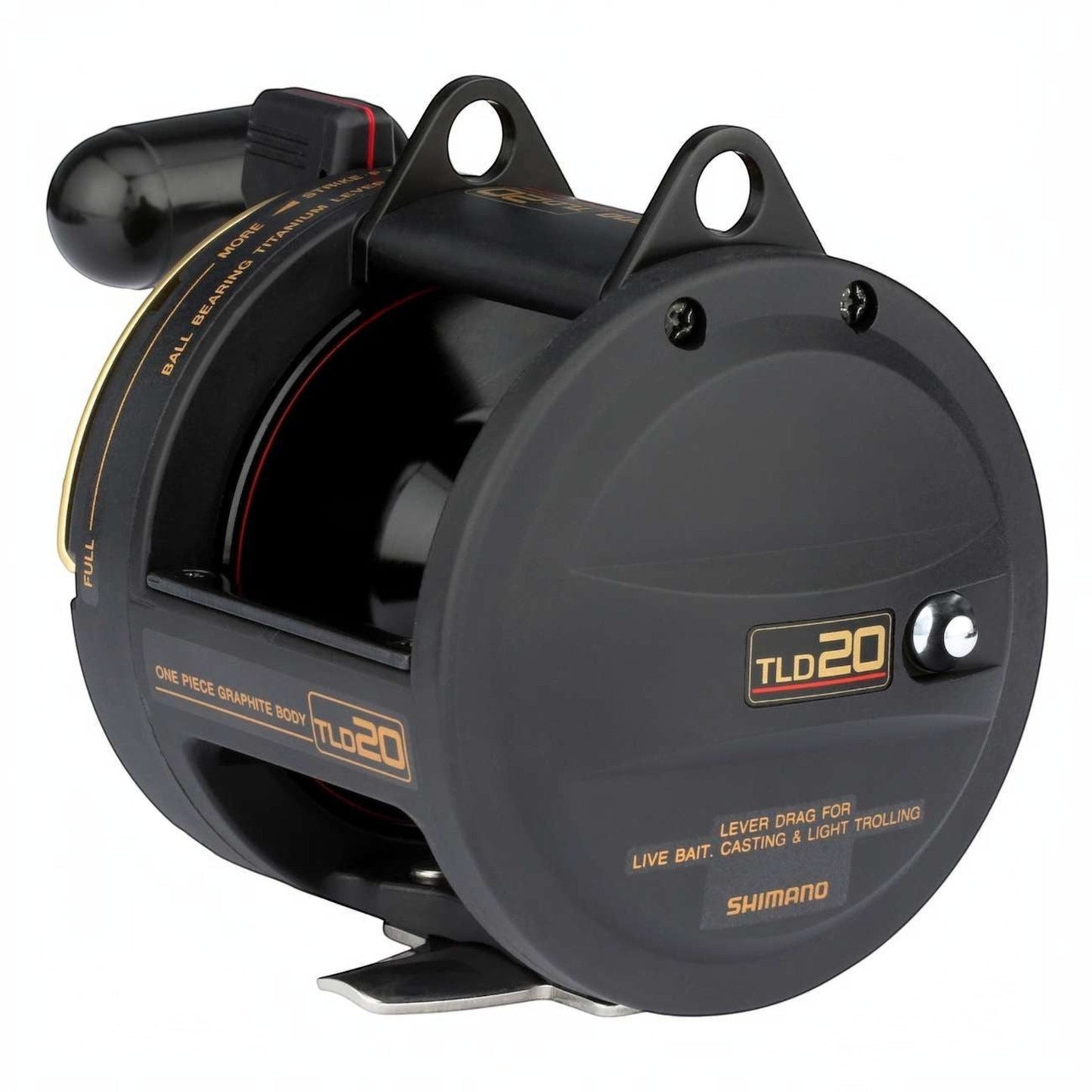 Dogfish Tackle & Marine Shimano TLD20 lever drag fishing reel, black graphite body, gold accents, for live bait, casting, and light trolling.