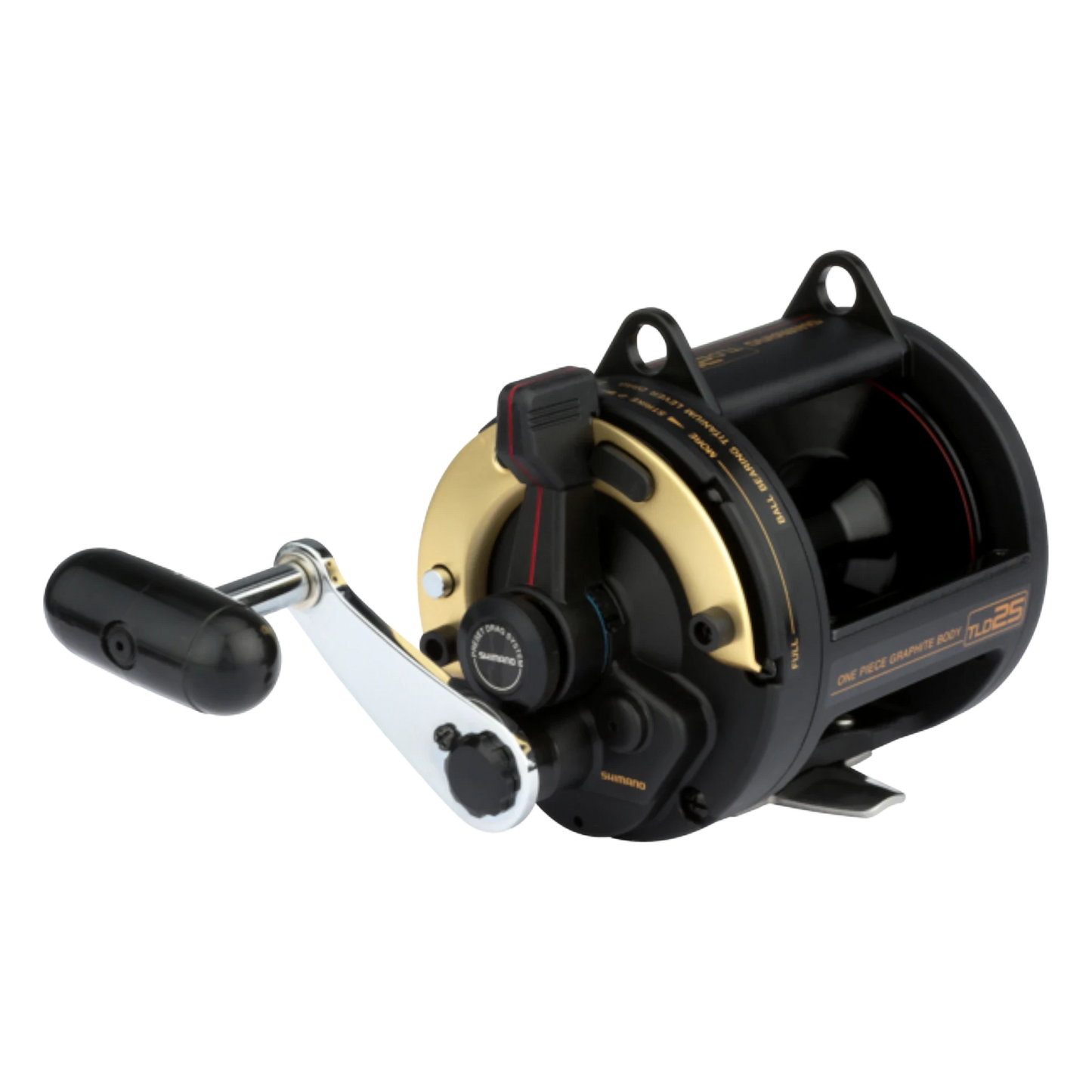 Dogfish Tackle & Marine Shimano TLD25 lever drag conventional fishing reel, black and gold with silver handle.