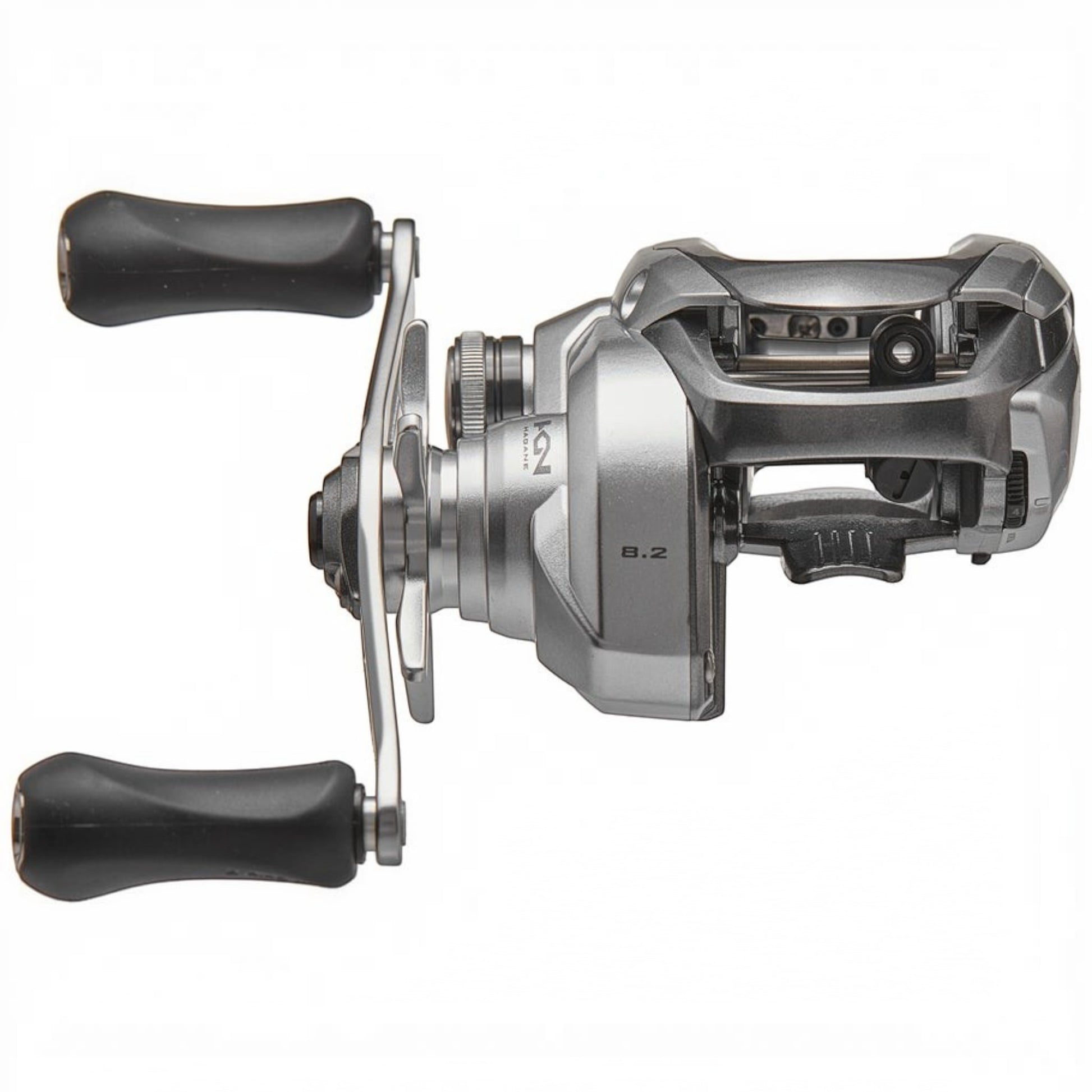Dogfish Tackle & Marine Shimano Tranx 150 baitcasting reel, silver with black handle grips. Features 8.2 gear ratio.