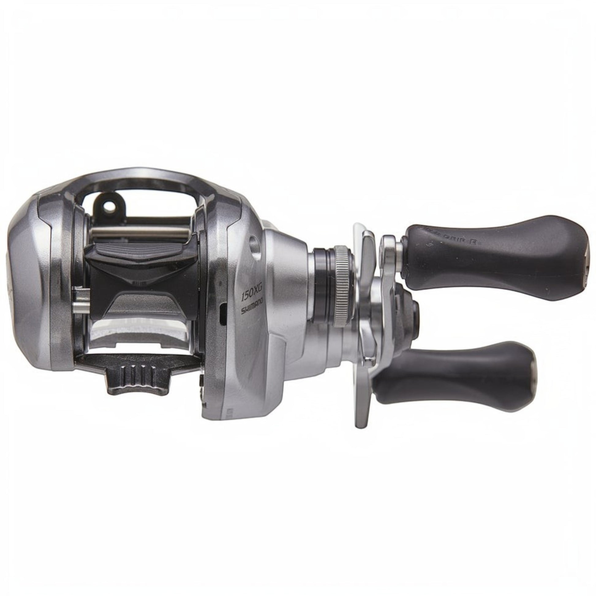 Dogfish Tackle & Marine Shimano Tranx 150 XG baitcasting reel, silver and black with ergonomic grips.