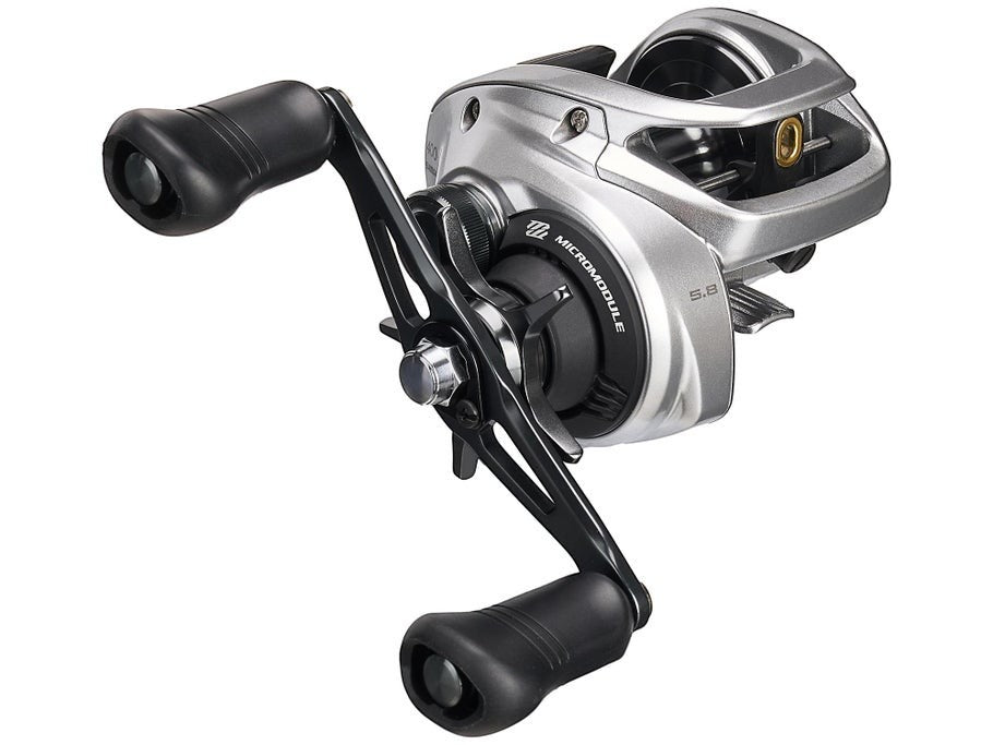 Dogfish Tackle & Marine Shimano Tranx 400 B baitcasting reel, silver with black handle and grips. Features Micromodule gearing.