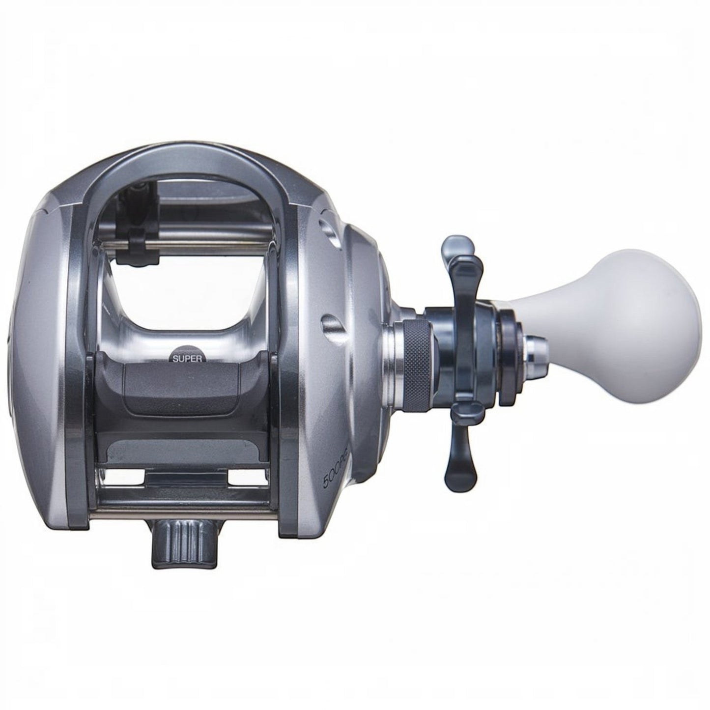 Dogfish Tackle & Marine Shimano Tranx 500 HG casting reel, silver and gray with a white handle. Designed for saltwater fishing.