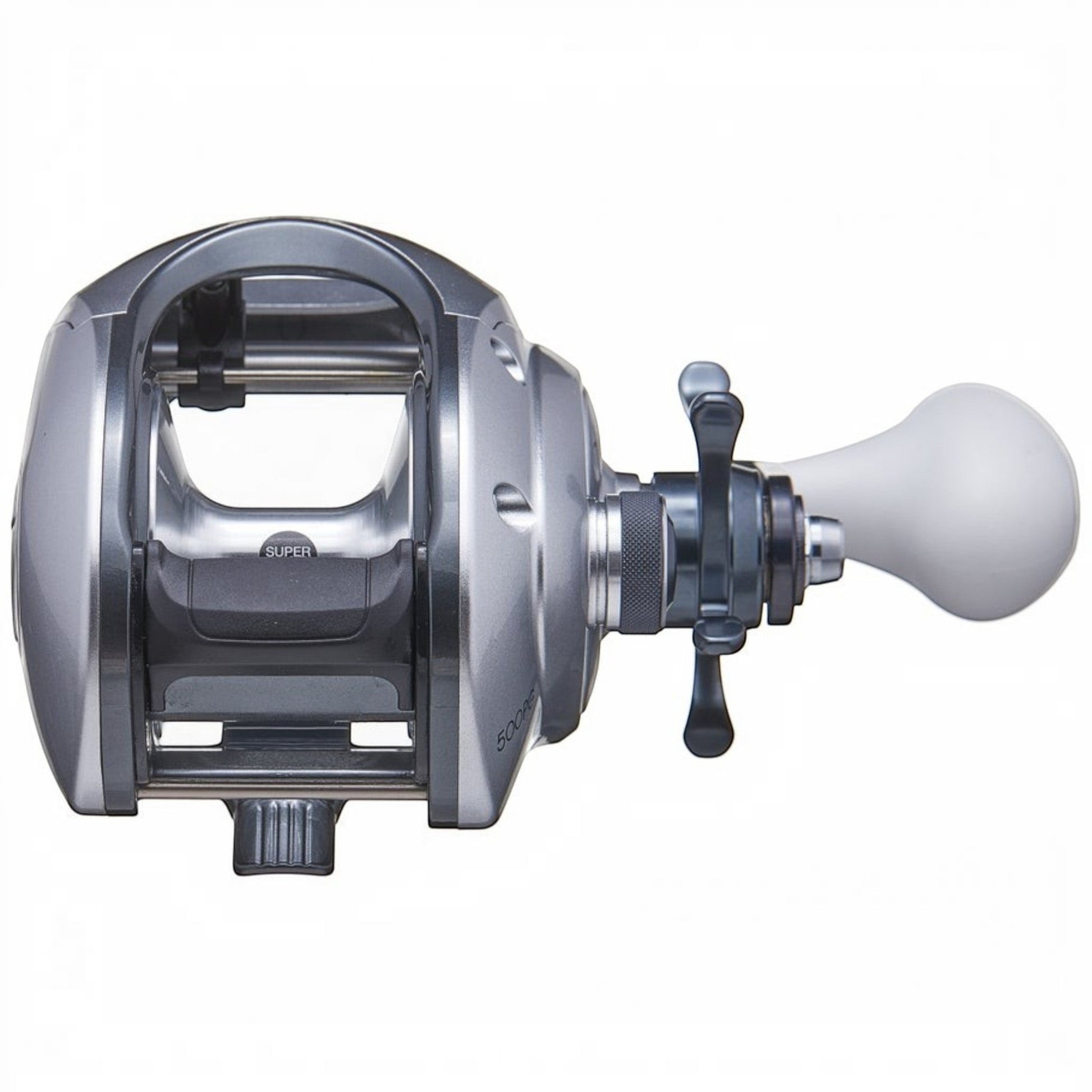 Dogfish Tackle & Marine Shimano Tranx 500 HG casting reel, silver and gray with a white handle. Designed for saltwater fishing.