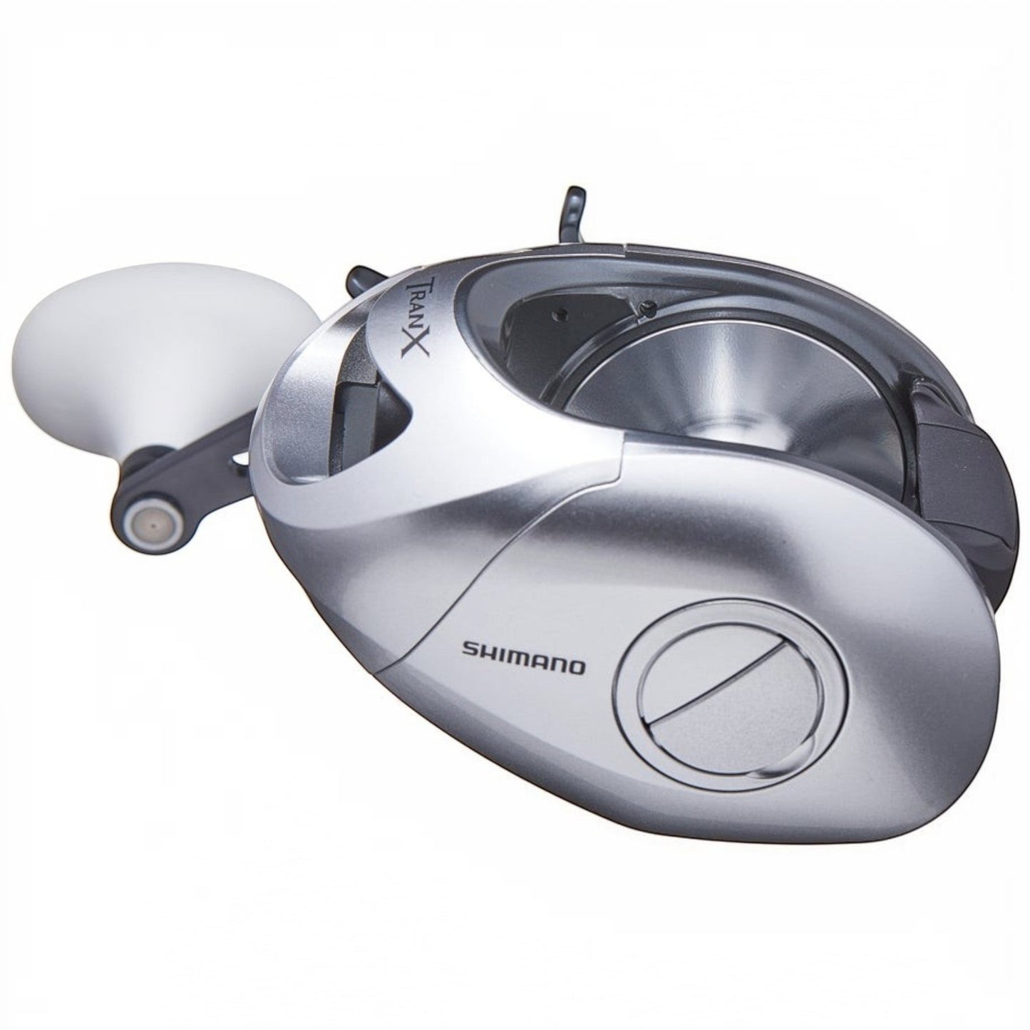 Dogfish Tackle & Marine Shimano Tranx 500 HG silver low profile casting reel with white handle knob. Features X-Ship, HEG, HAGANE body.