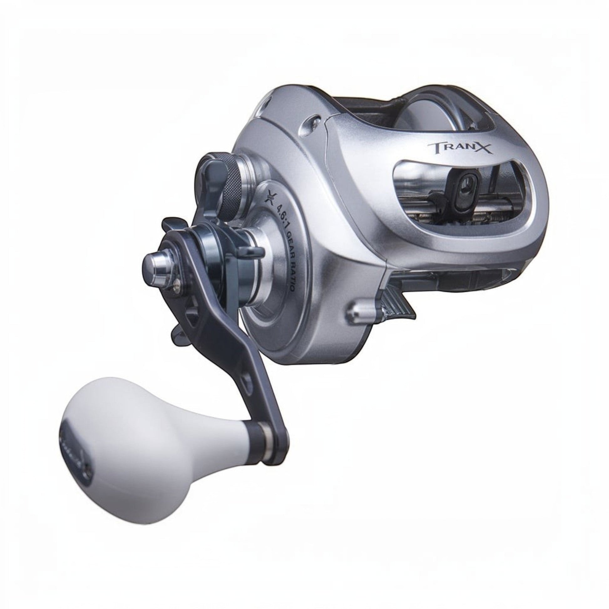 Dogfish Tackle & Marine Shimano Tranx 500HG right-hand casting reel, silver with white handle. Features HAGANE body and X-Ship.