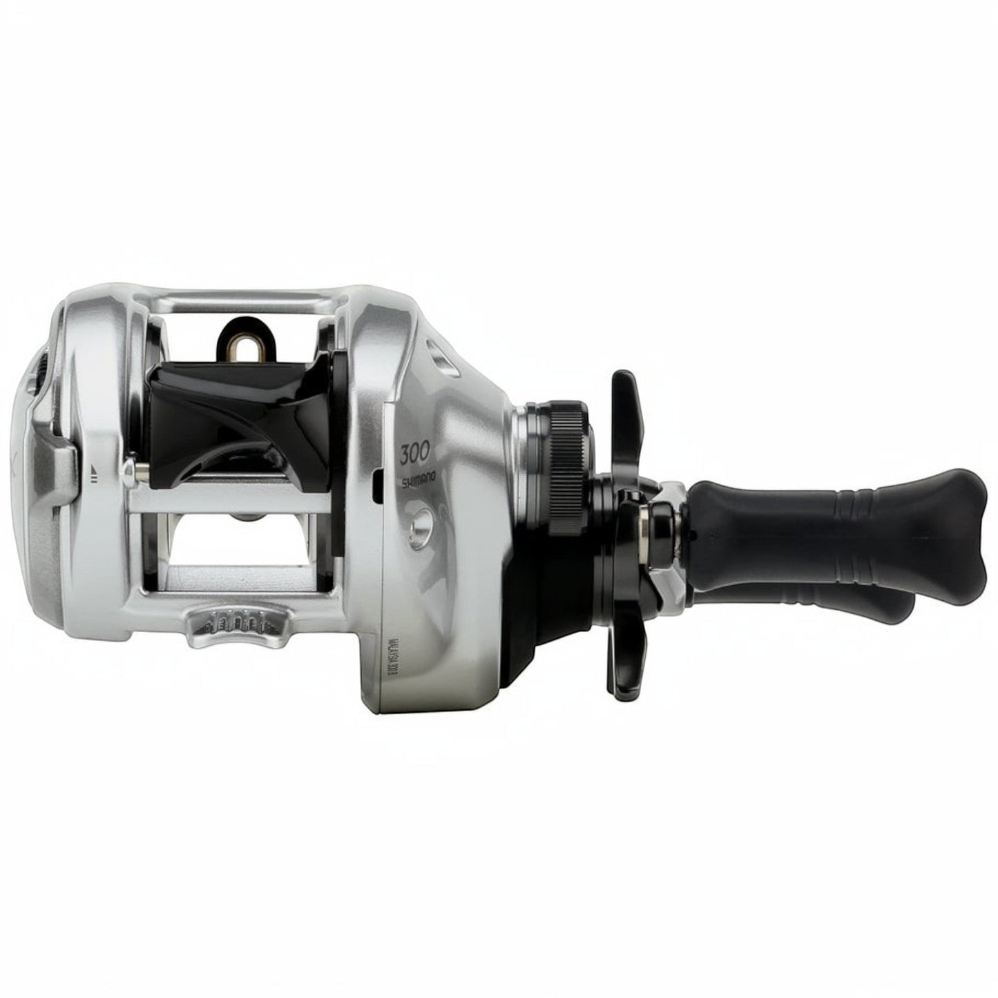 Dogfish Tackle & Marine Shimano Tranx B 300 baitcasting reel, silver with black handle and accents. Features SVS Infinity MD Tune.