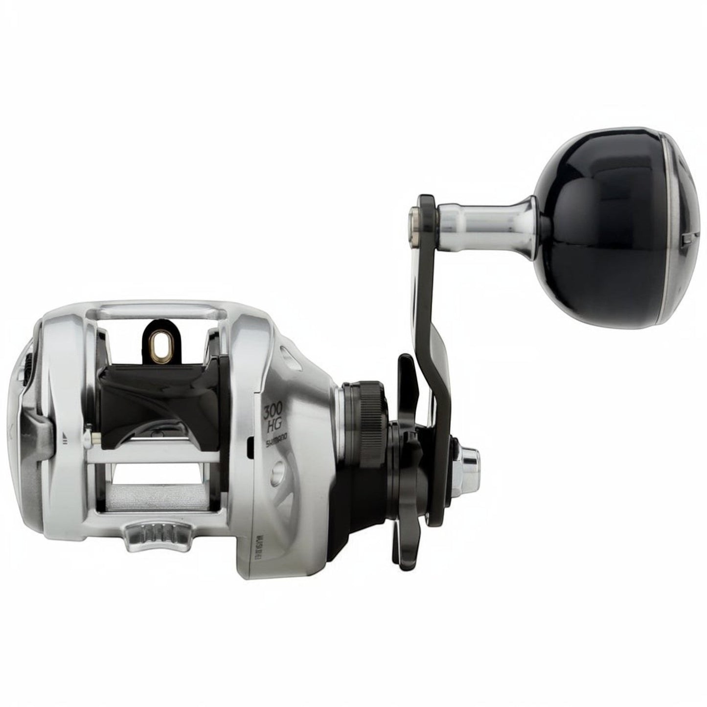 Dogfish Tackle & Marine Shimano Tranx B baitcasting reel, silver with black handle and knob. Features Hagane body.