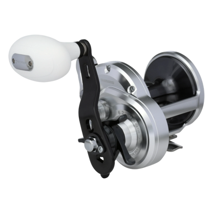 Dogfish Tackle & Marine Shimano Trinidad A star drag conventional fishing reel, silver with black accents and a white handle.