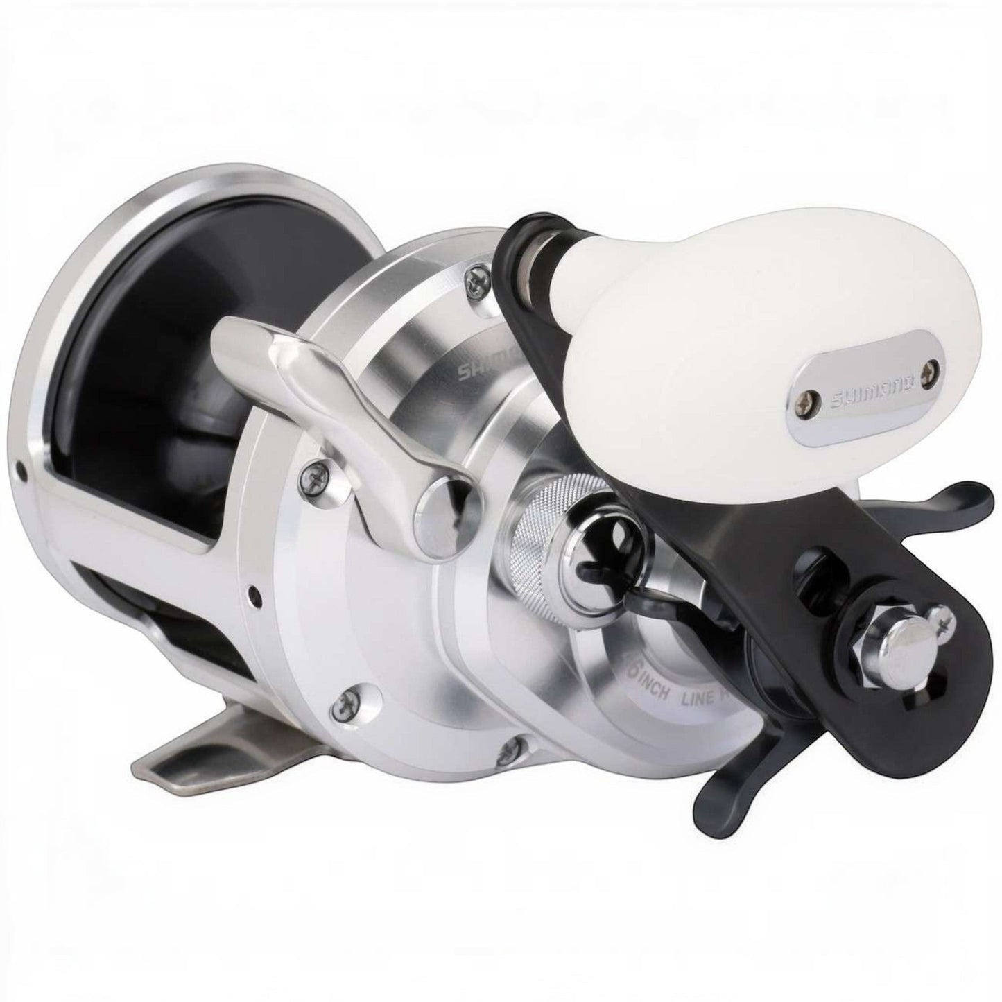 Dogfish Tackle & Marine Shimano Trinidad A Star Drag Conventional Reel, silver and black with white handle. Saltwater fishing reel.